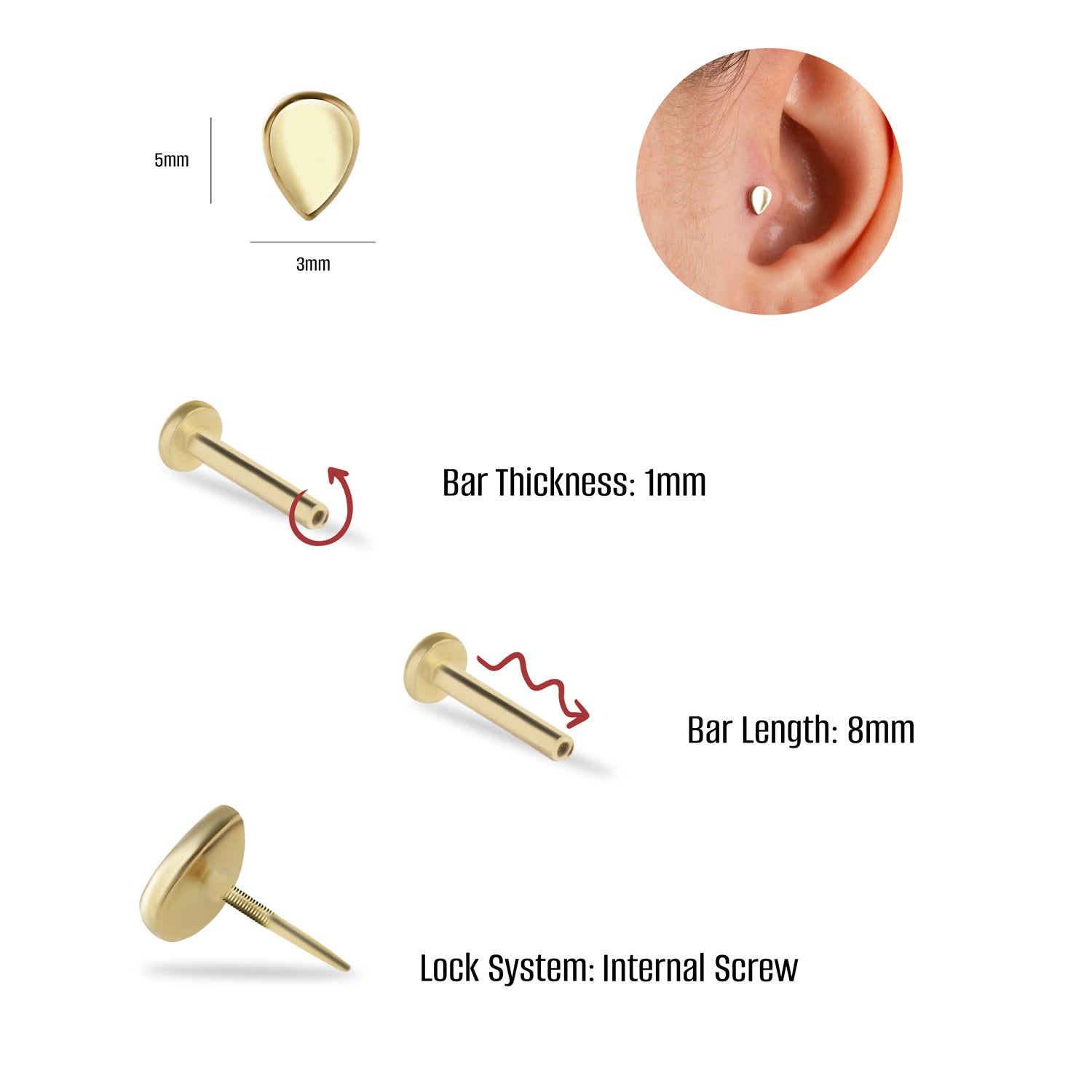 Drop stud piercing earring - 14K Solid Yellow Gold