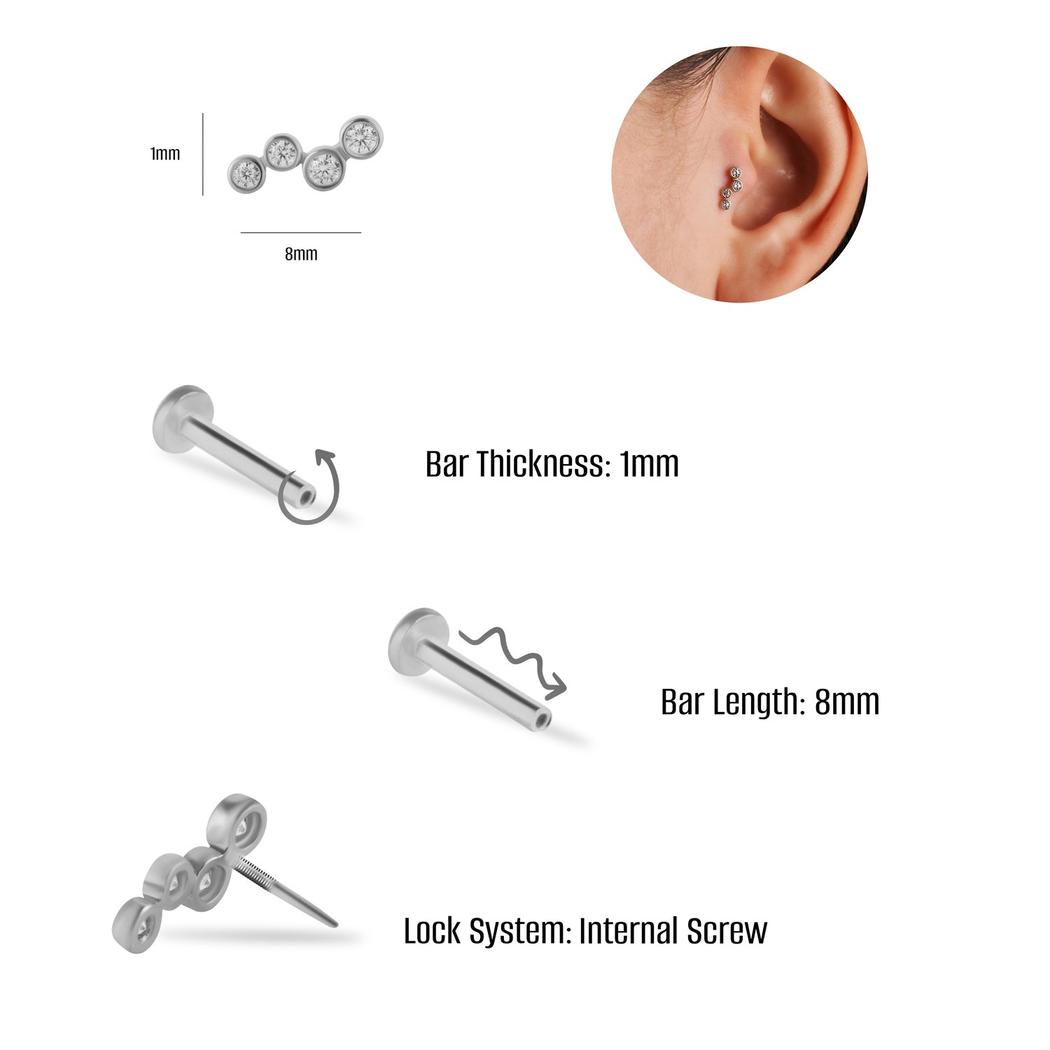 Climber stud piercing earring with clear zircons - 14K Solid White Gold