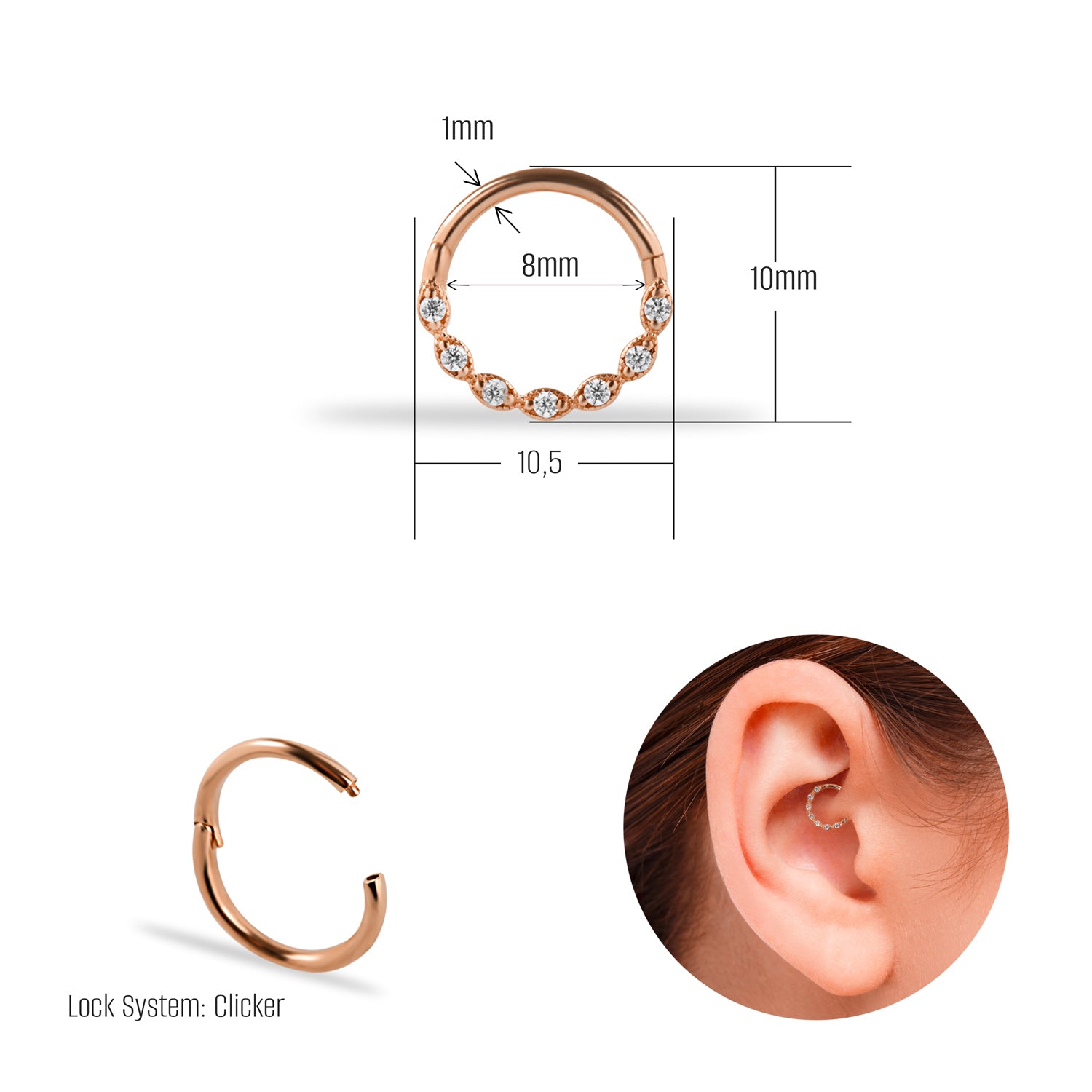 8mm Hoop piercing earring with clear zircons - 14K Solid Rose Gold