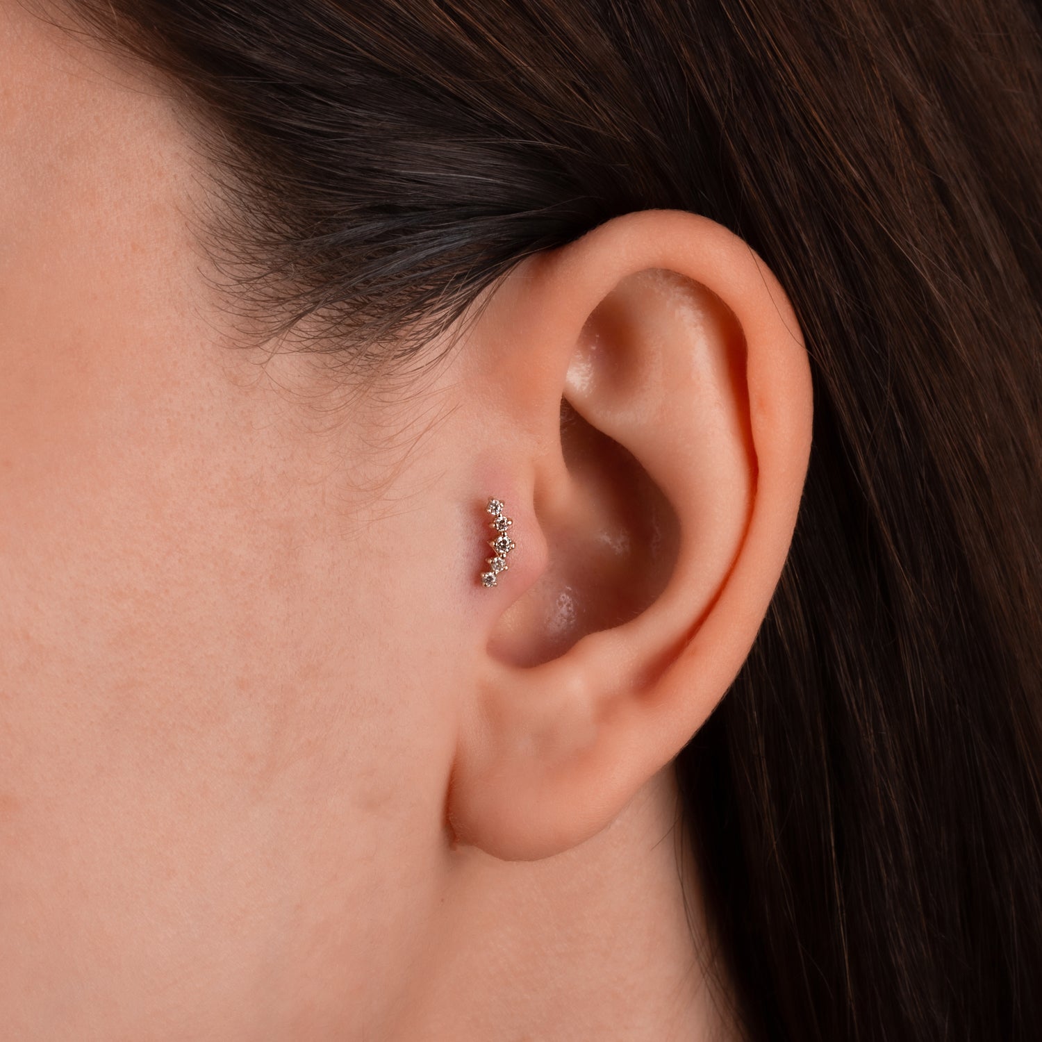 Climber stud piercing earring with clear zircons - 14K Solid Rose Gold