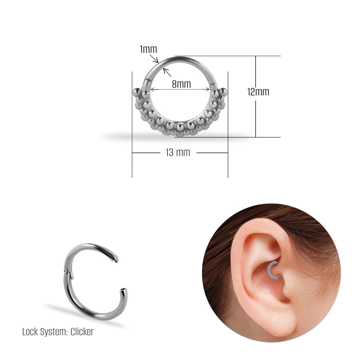 8mm Hoop piercing earring - 14K Solid White Gold