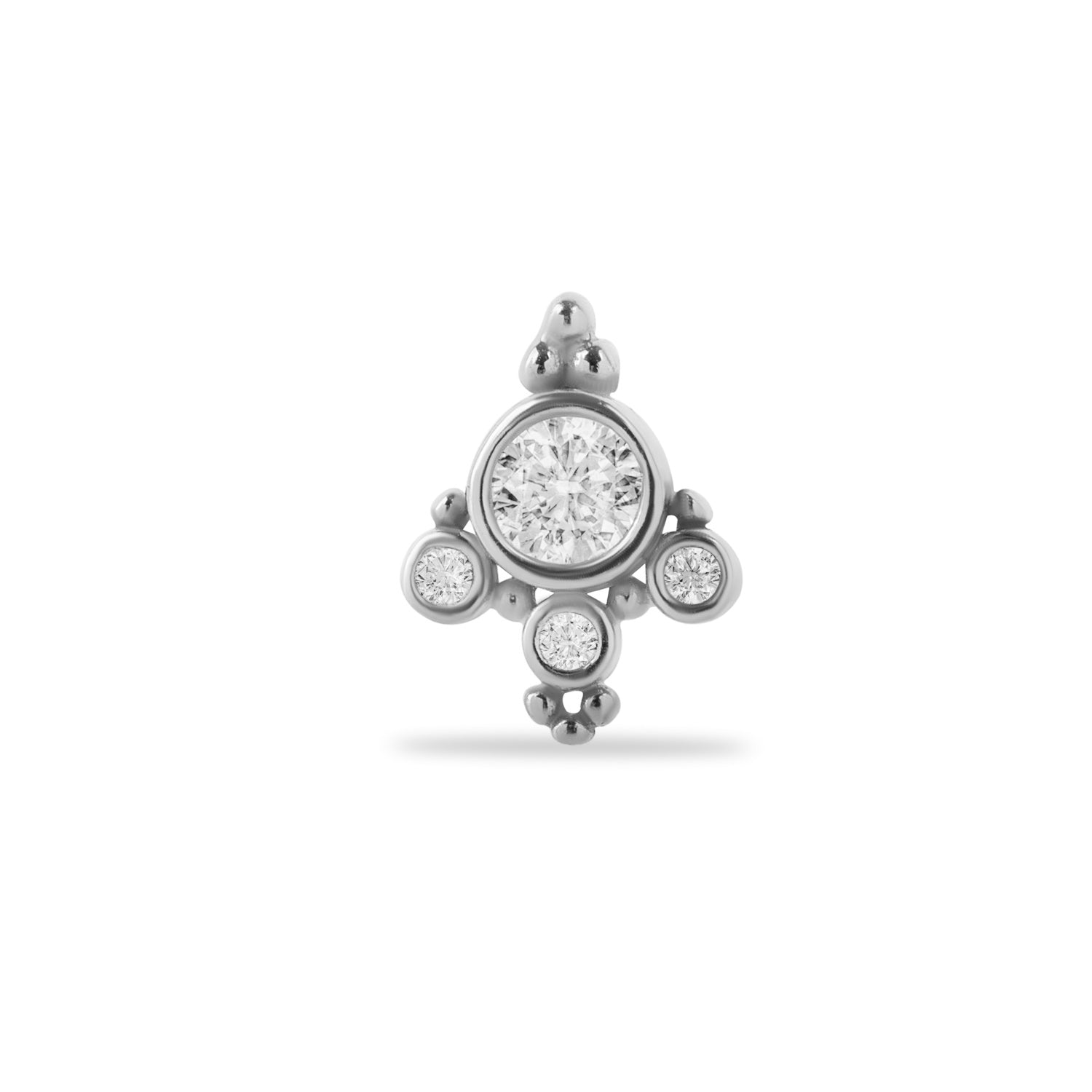 Stud piercing earring with clear zircons - 14K Solid White Gold