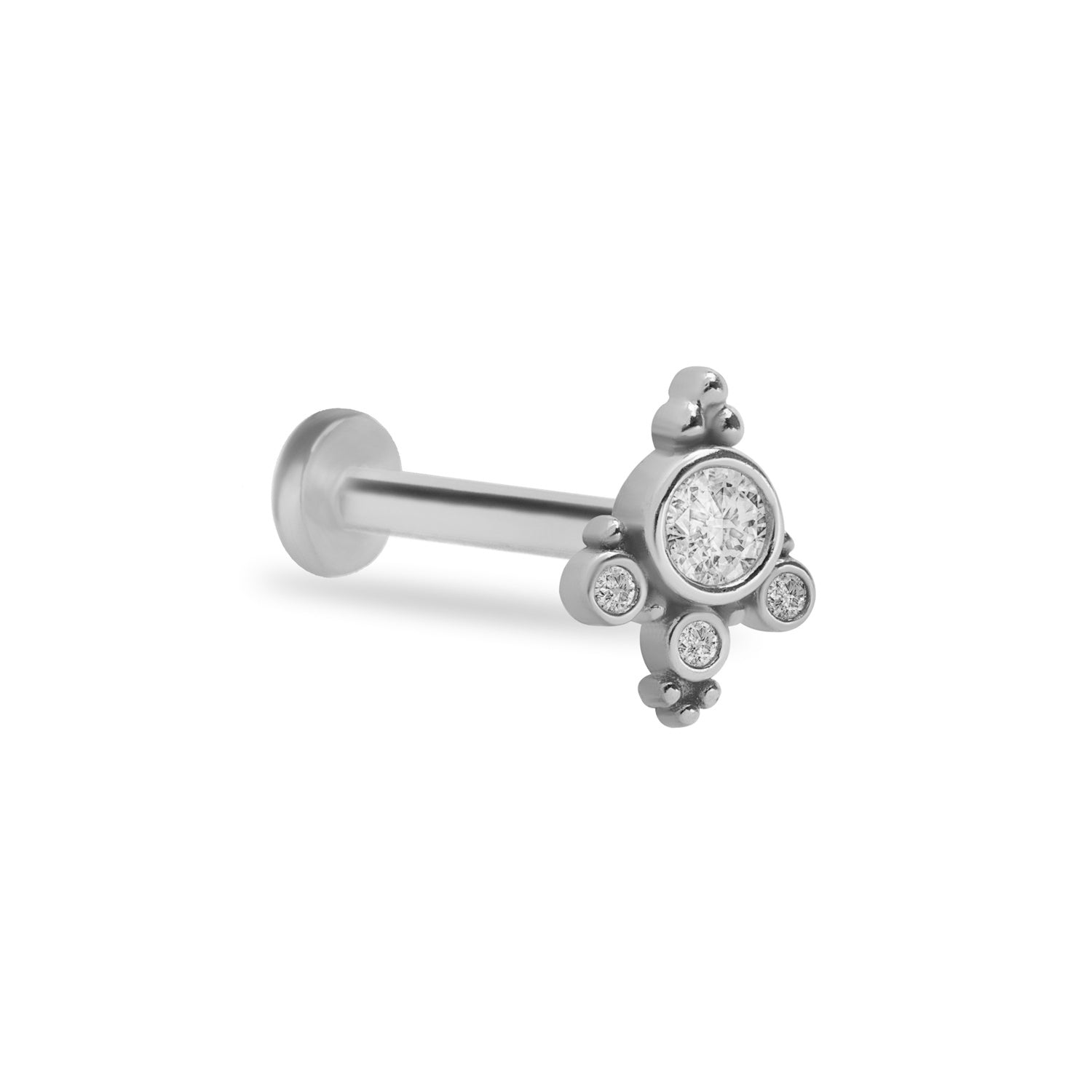 Stud piercing earring with clear zircons - 14K Solid White Gold