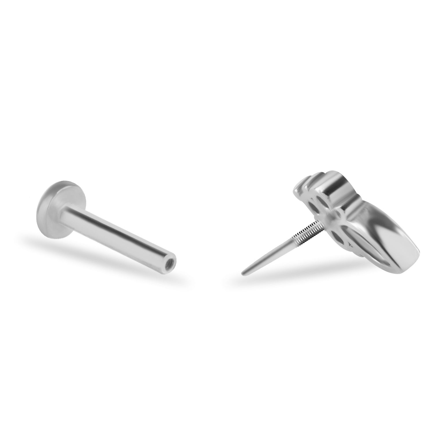 Marquis stud piercing earring with clear and green zircons - 14K Solid White Gold