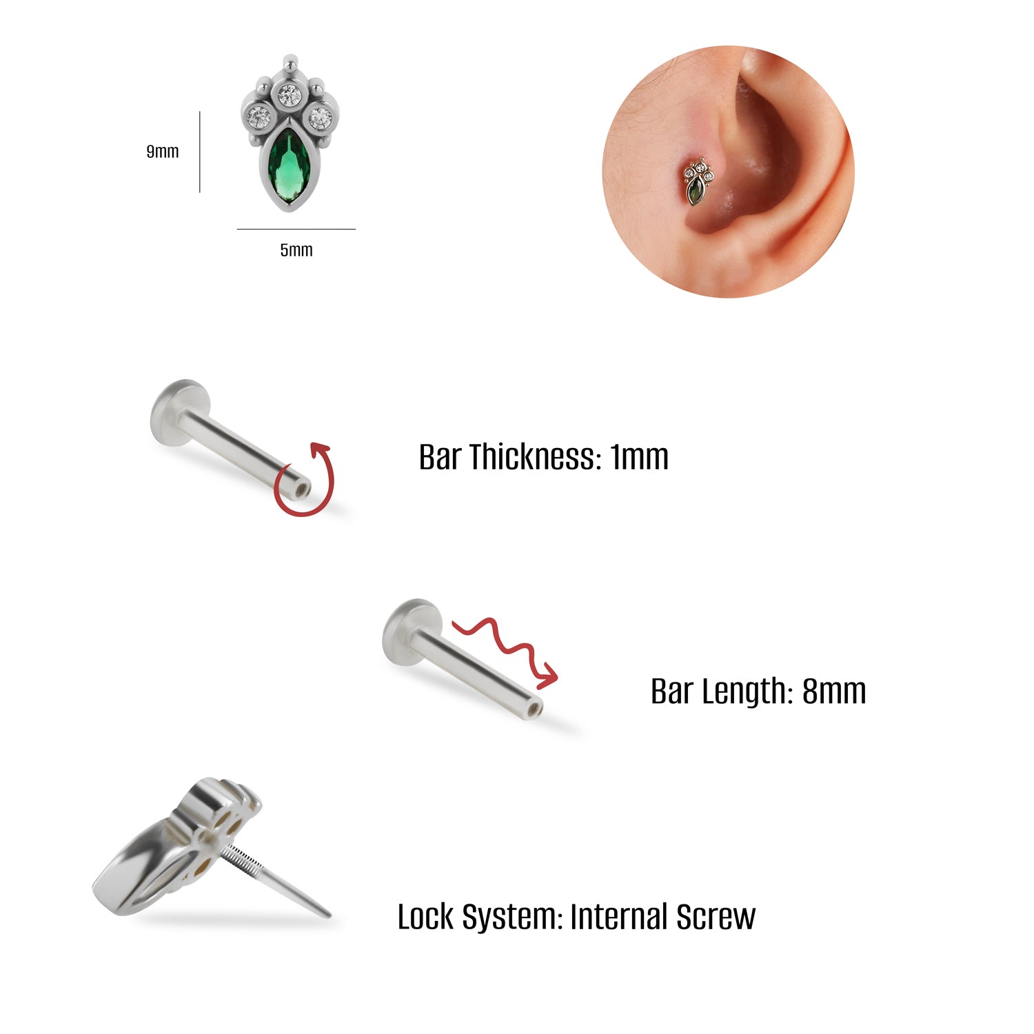 Marquis stud piercing earring with clear and green zircons - 14K Solid White Gold