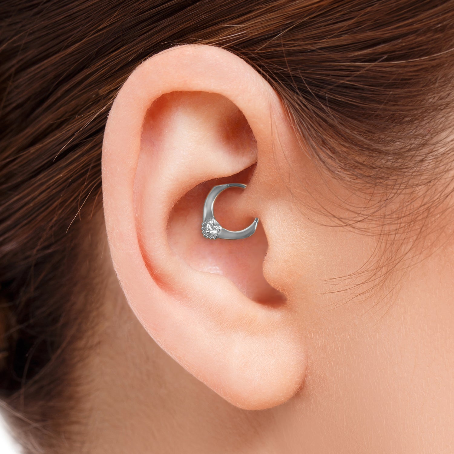 8mm Hoop piercing earring with clear zircon - 14K Solid White Gold