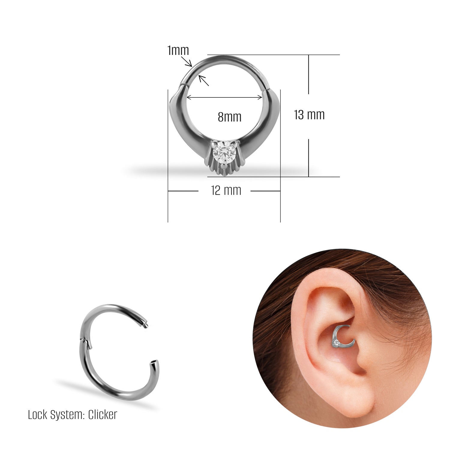 8mm Hoop piercing earring with clear zircon - 14K Solid White Gold