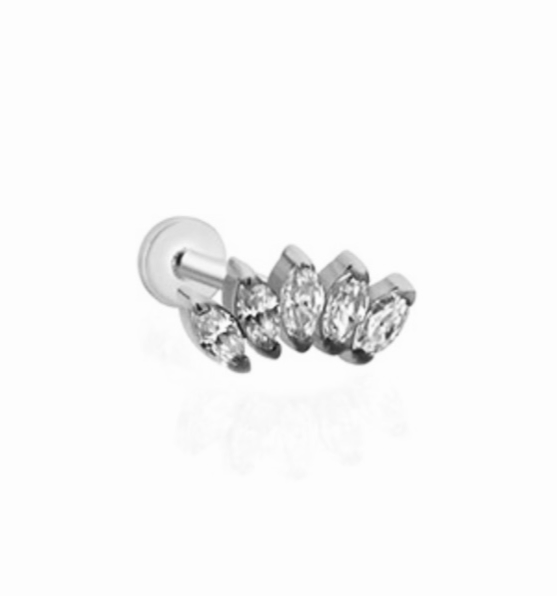Lotus stud piercing earring with clear zircons - 14K Solid White Gold