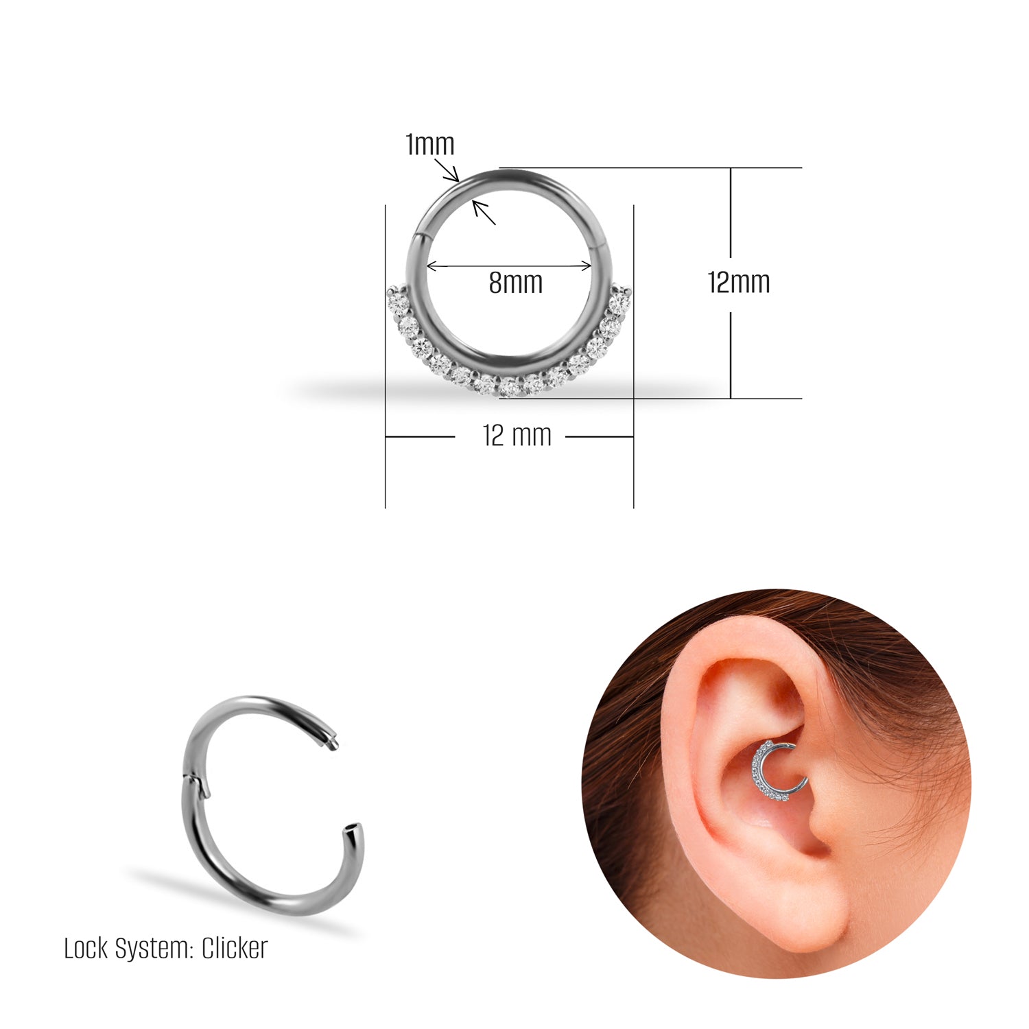 8mm Hoop piercing earring with clear zircons - 14K Solid White Gold