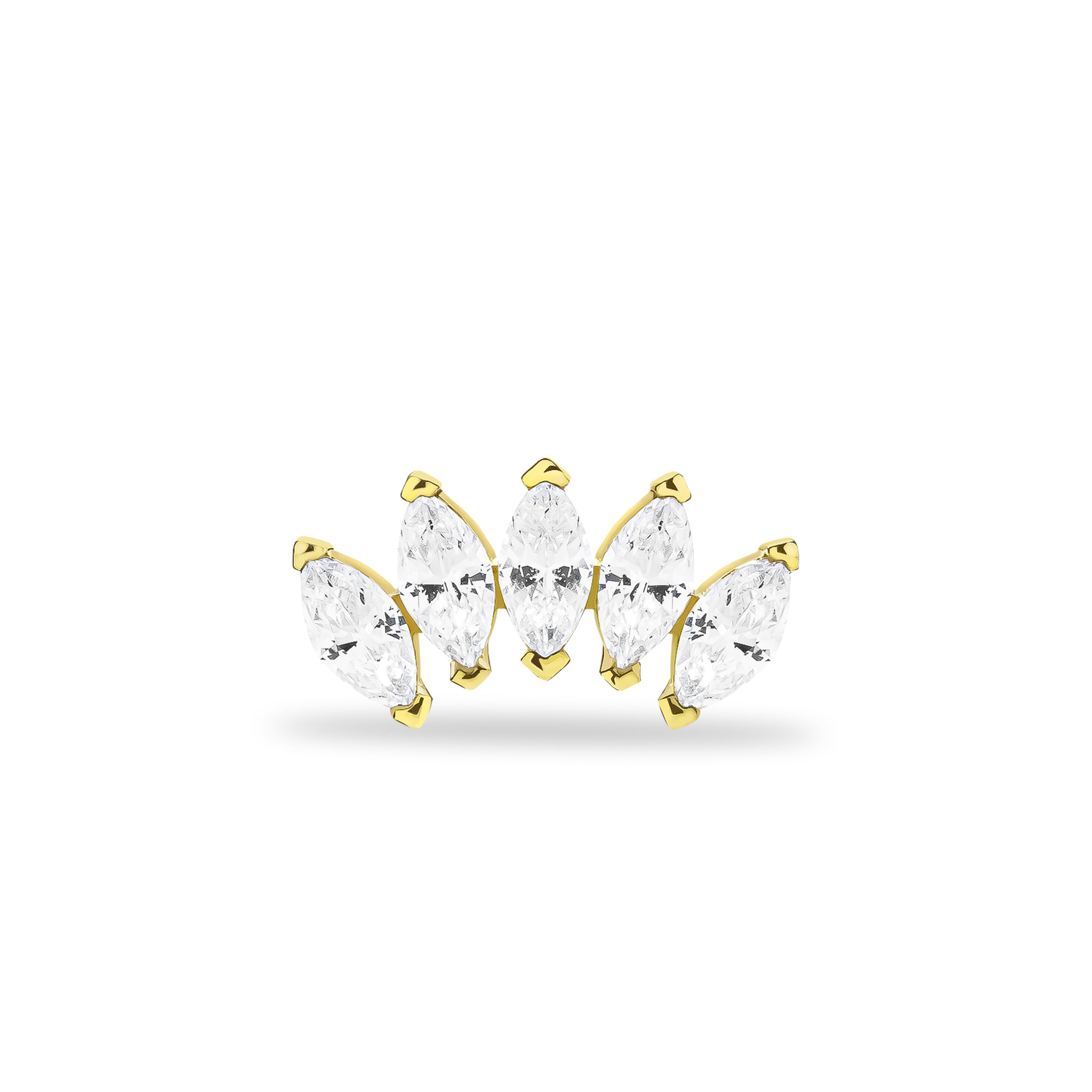 Lotus stud piercing earring with clear zircon - 14K Solid Yellow Gold