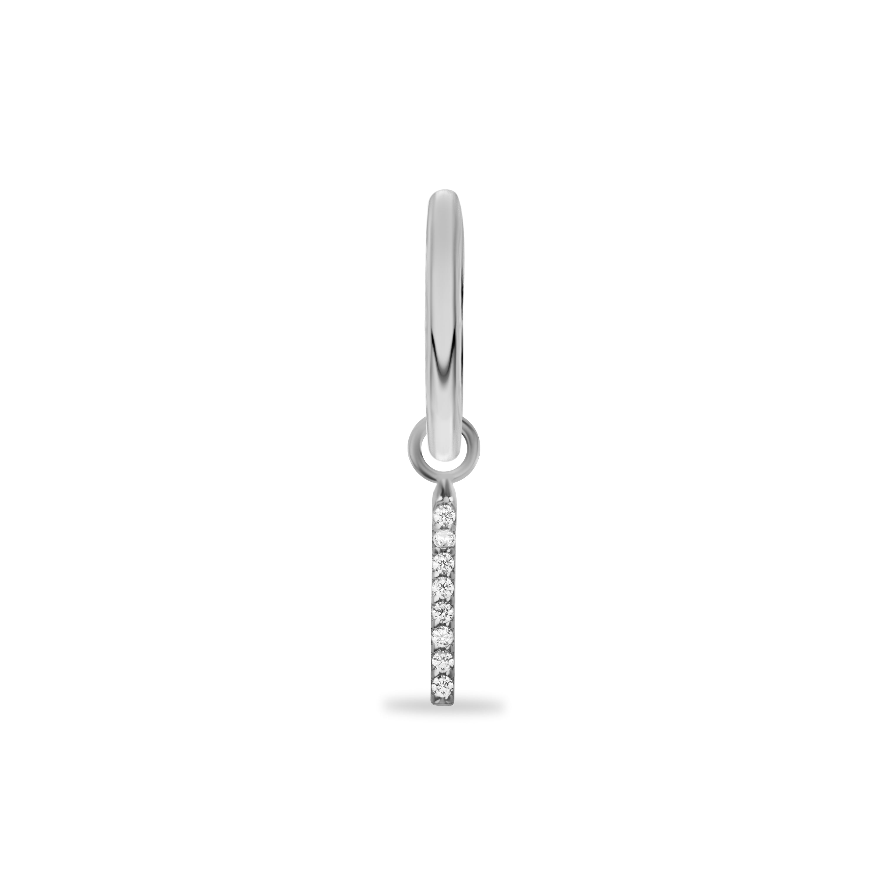 Hoop piercing earring with strip delicate pendant & clear zircons - 14K Solid White Gold