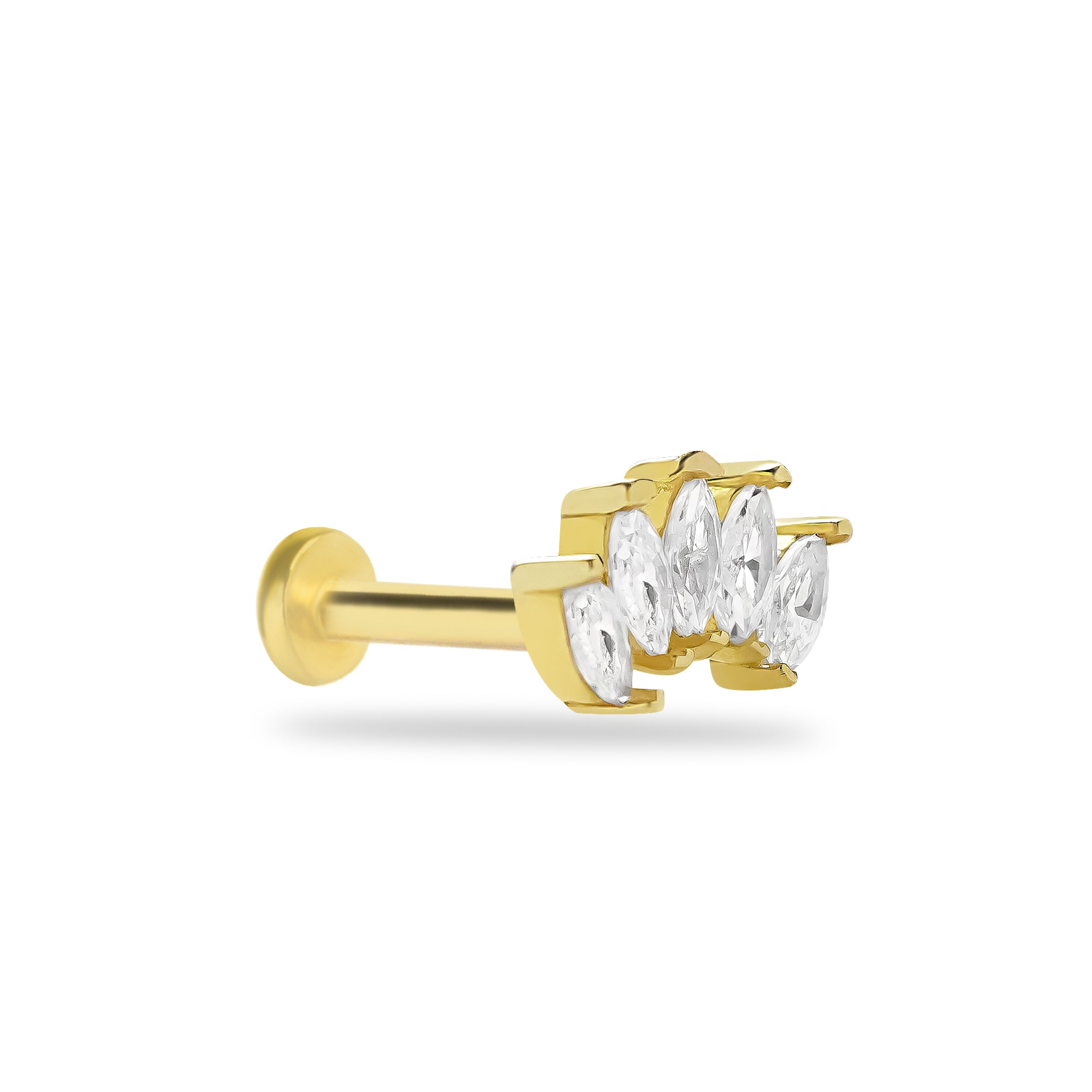 Lotus stud piercing earring with clear zircon - 14K Solid Yellow Gold