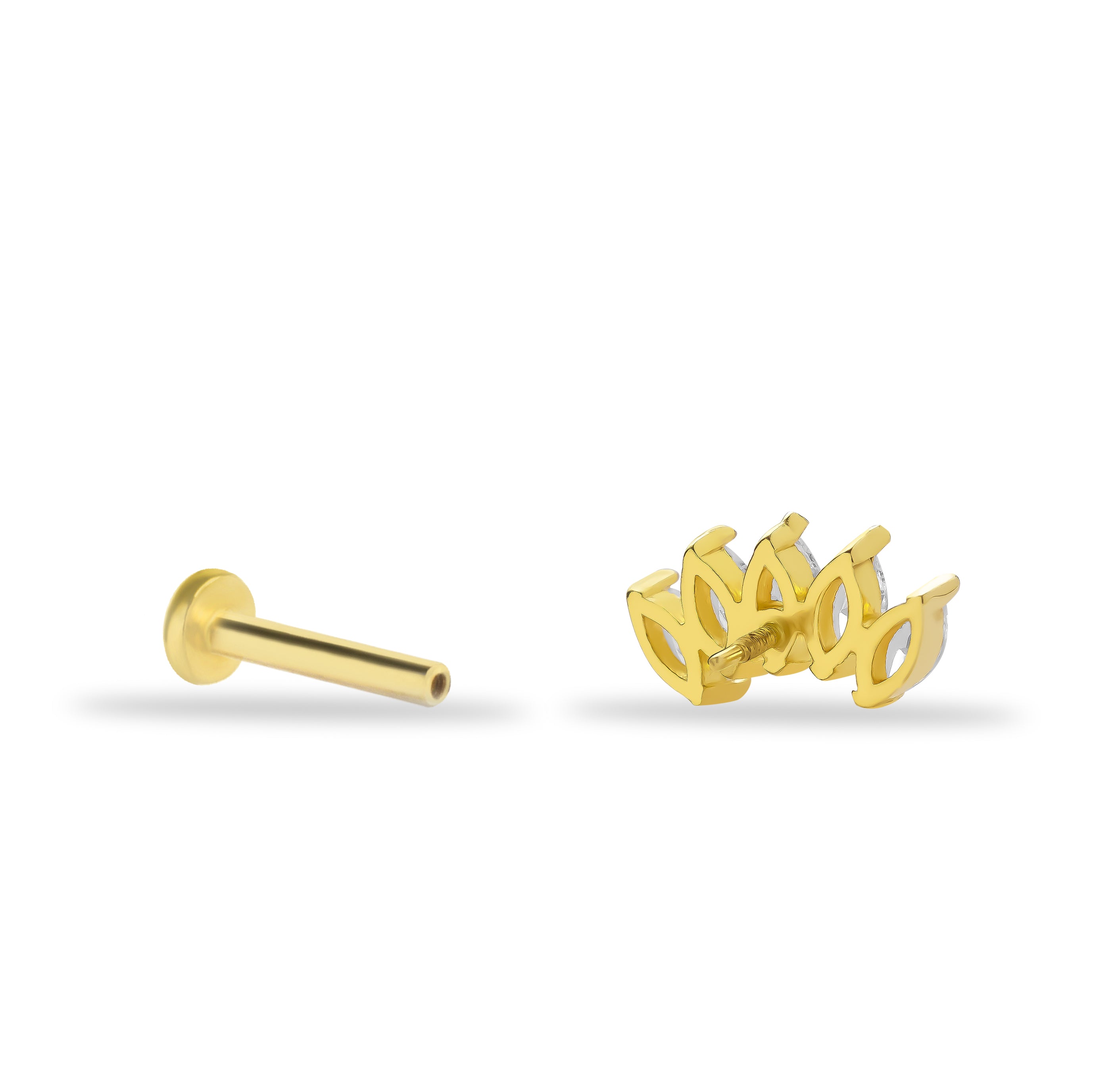 Lotus stud piercing earring with clear zircon - 14K Solid Yellow Gold