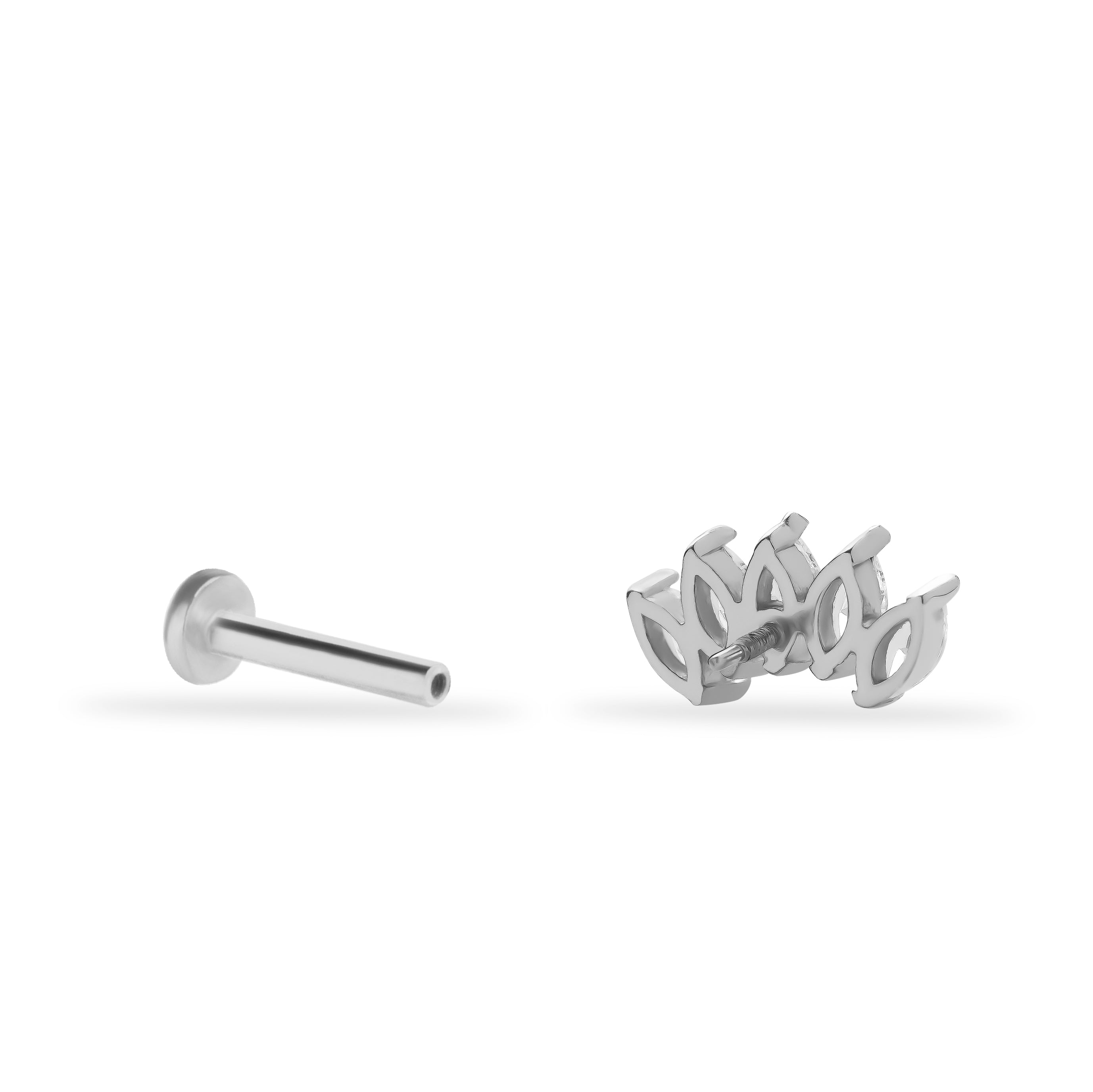 Lotus stud piercing earring with clear zircons - 14K Solid White Gold