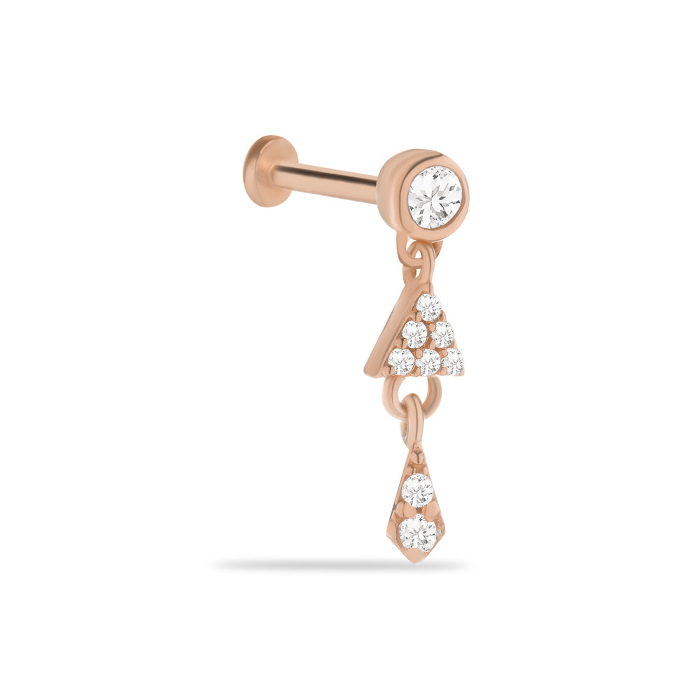 Stud piercing earring with clear zircon & hanging chain - 14K Solid Rose Gold