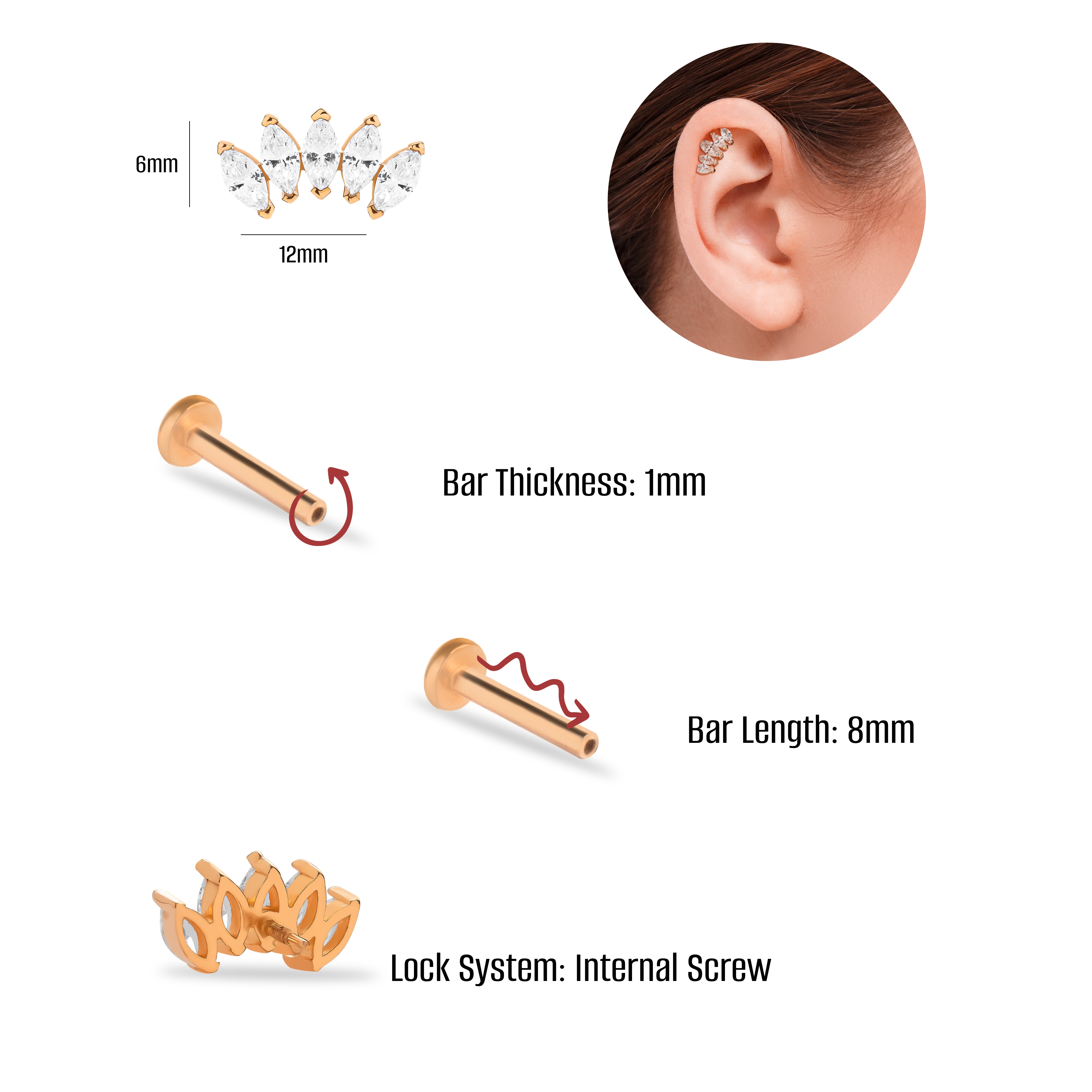 Climber lotus stud piercing earring with clear zircons - 14K Solid Rose Gold