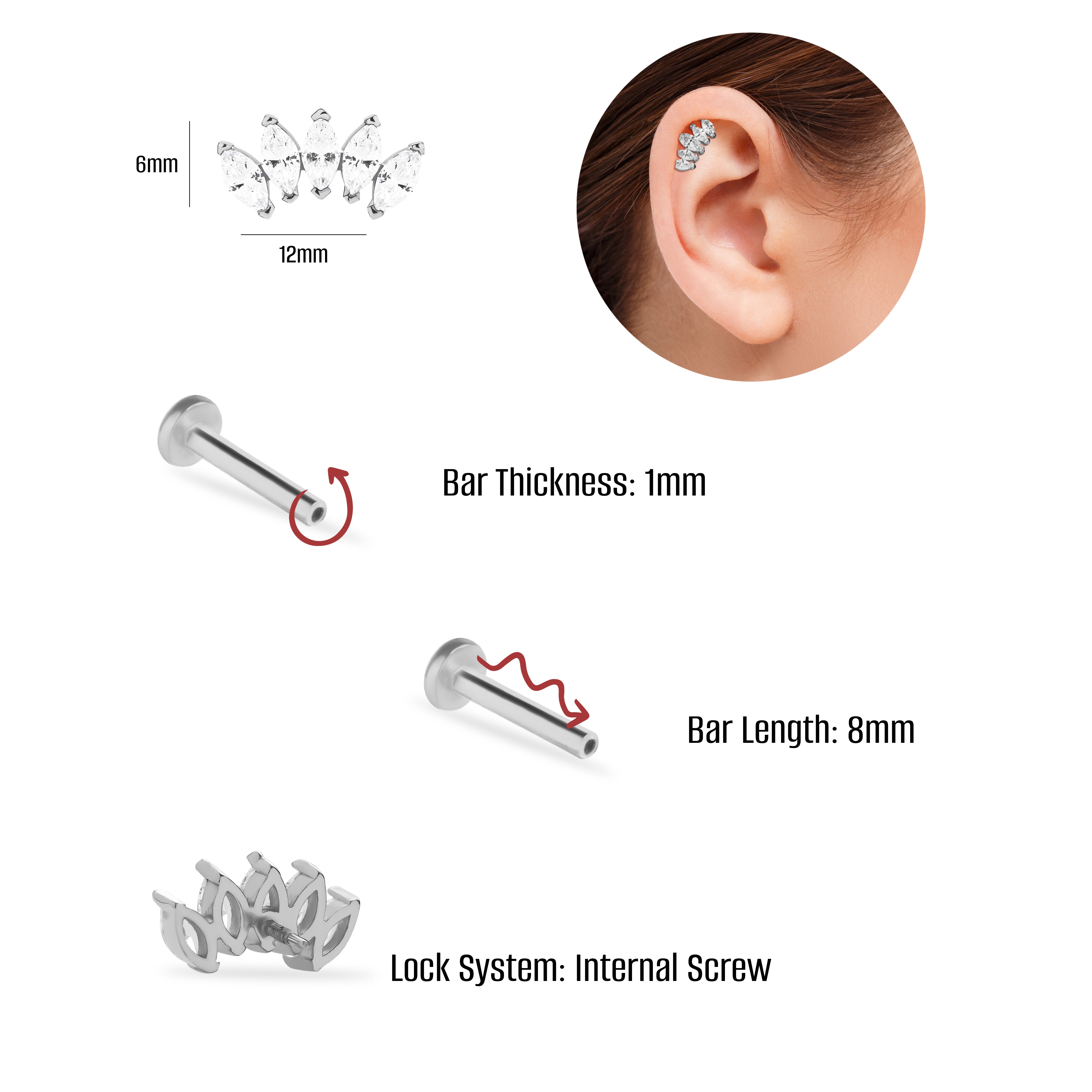 Lotus stud piercing earring with clear zircons - 14K Solid White Gold