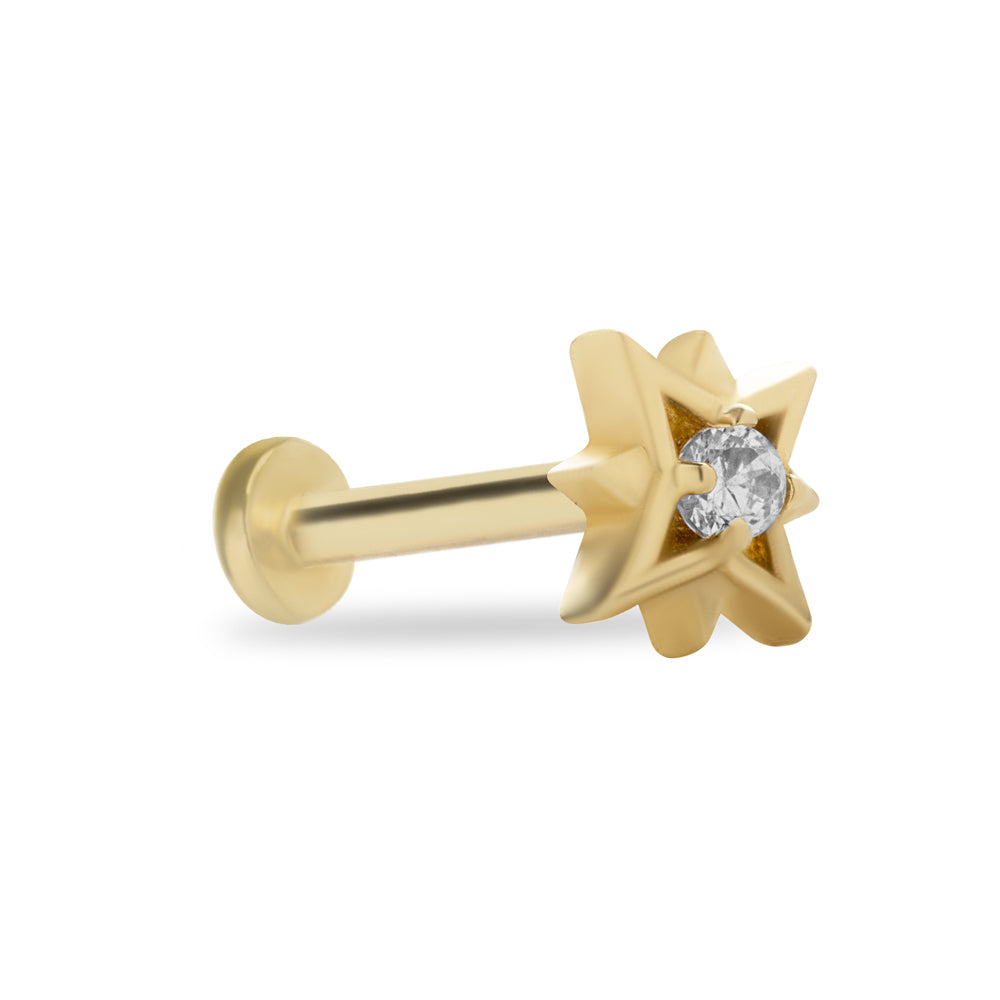 Star stud piercing earring with clear zitcon  - 14K Solid Yellow Gold