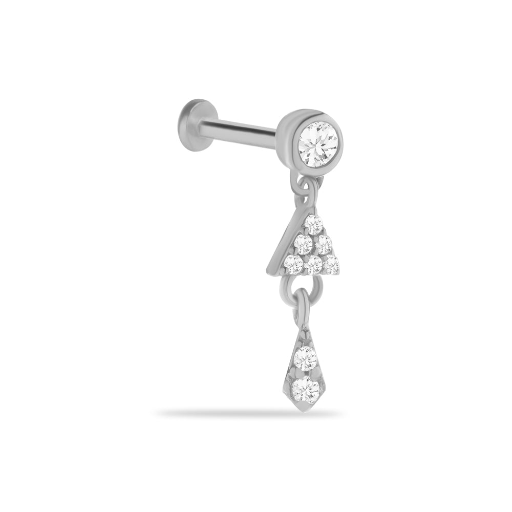 Stud piercing earring with clear zircon & hanging chain - 14K Solid White Gold