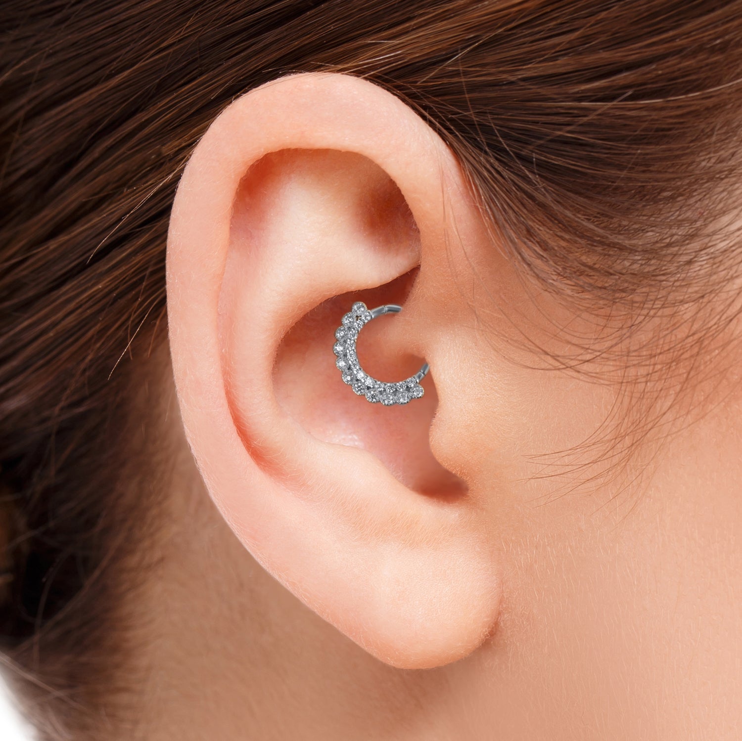 8mm Hoop piercing earring with clear zircons - 14K Solid White Gold