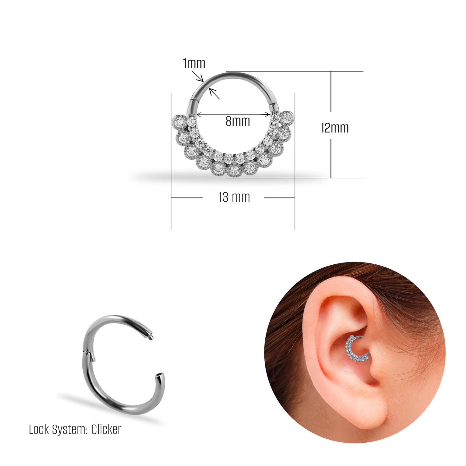 8mm Hoop piercing earring with clear zircons - 14K Solid White Gold