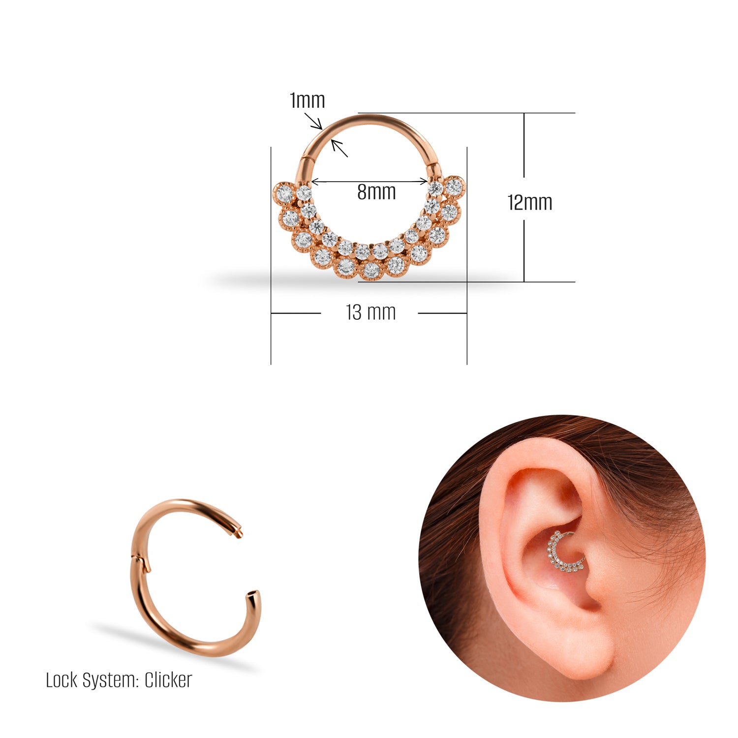 8mm Hoop piercing earring with clear zircons - 14K Solid Rose Gold