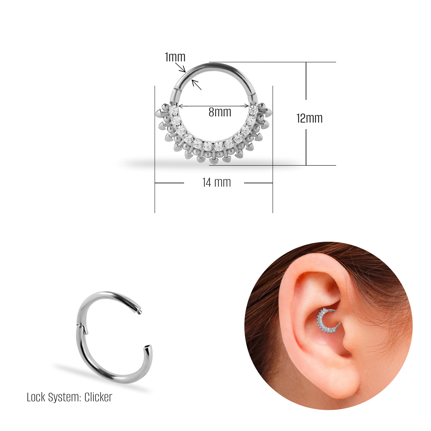 8mm Hoop piercing earring with clear zircons - 14K Solid White Gold