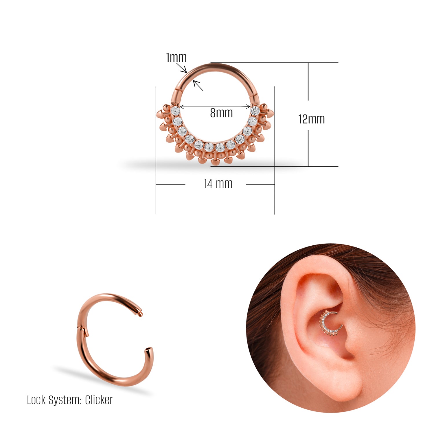 8mm Hoop piercing earring with clear zircons - 14K Solid Rose Gold