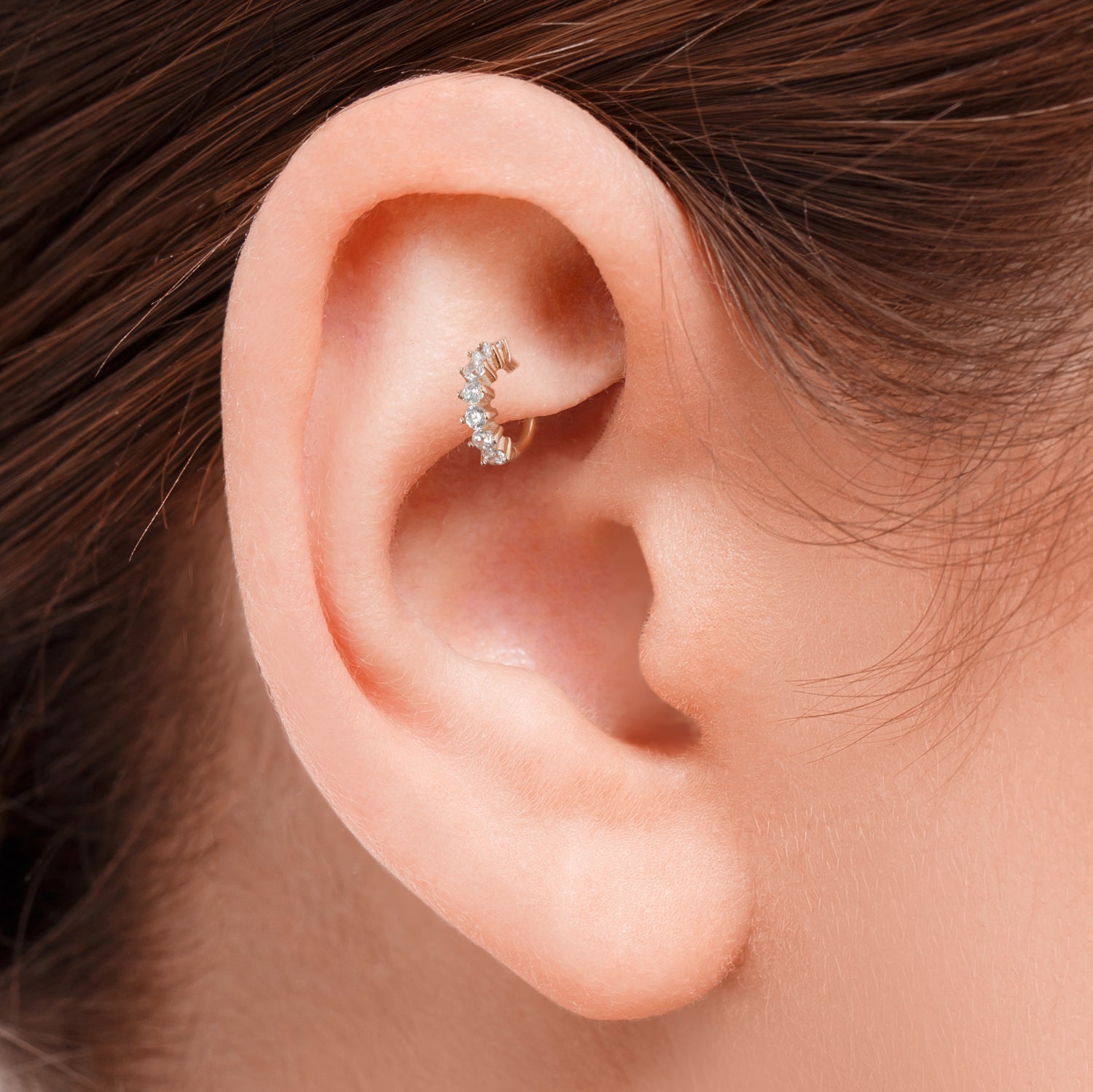 Hoop piercing earring with clear zircons - 14K Solid Rose Gold
