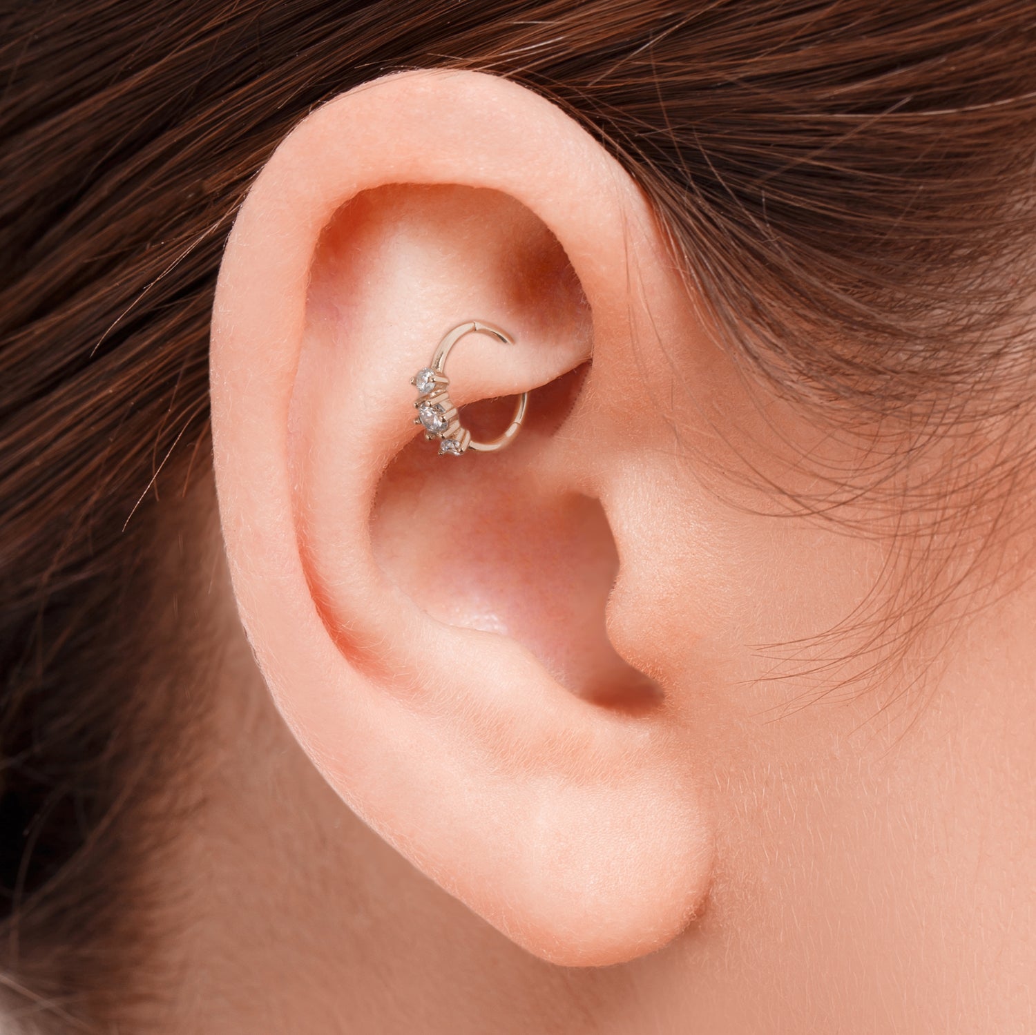 Hoop piercing earring with clear zircons - 14K Solid Rose Gold