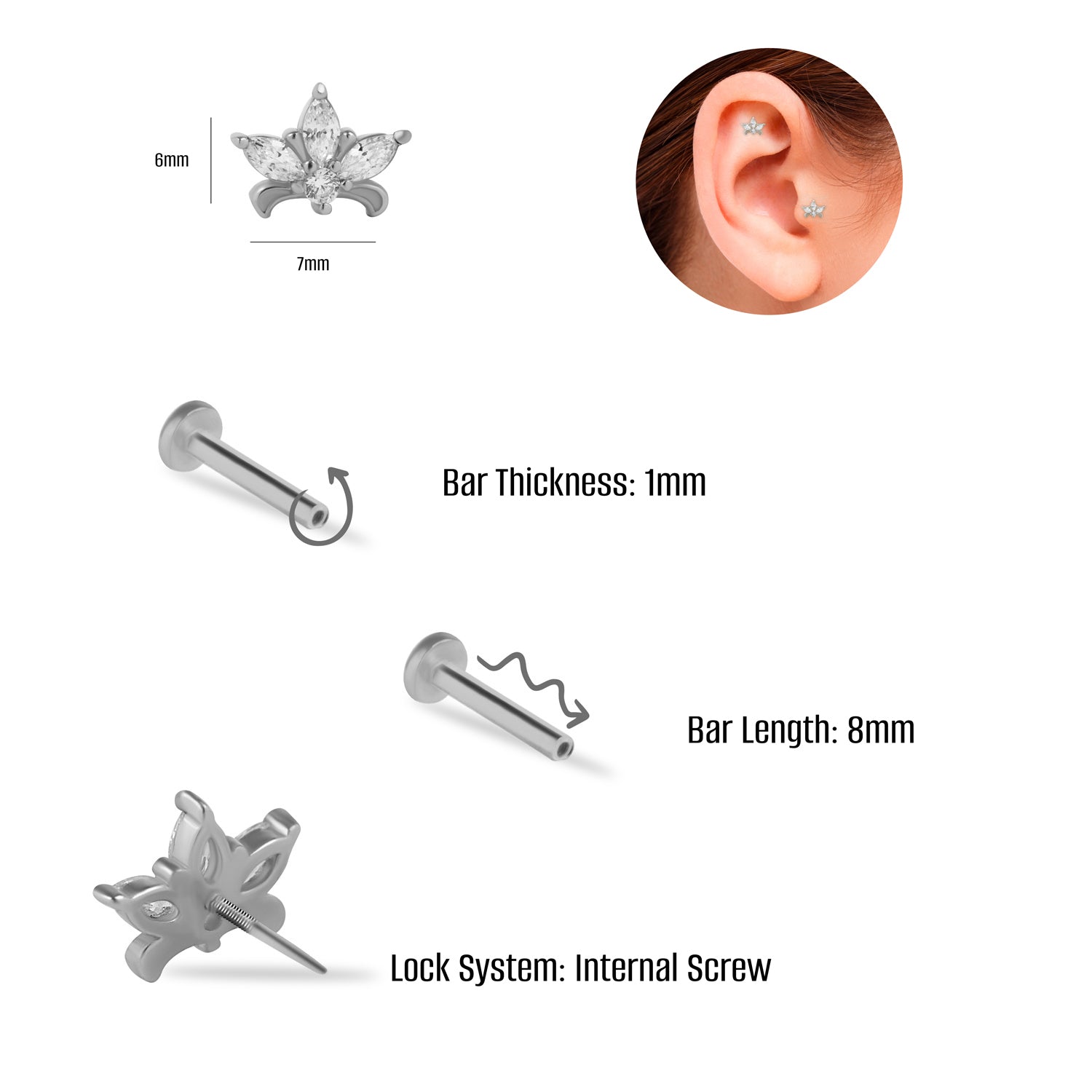 Lotus stud piercing earring with clear zircons - 14K Solid White Gold