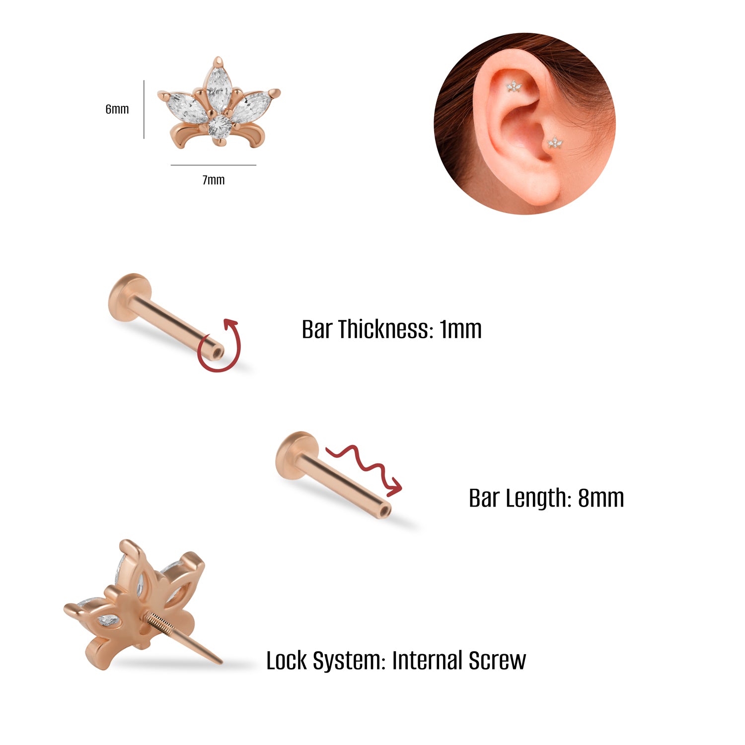 Lotus stud piercing earring with clear zircons - 14K Solid Rose Gold