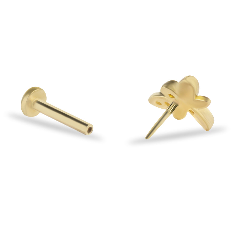 Dragonfly stud piercing earring with clear zircons - 14K Solid Yellow Gold