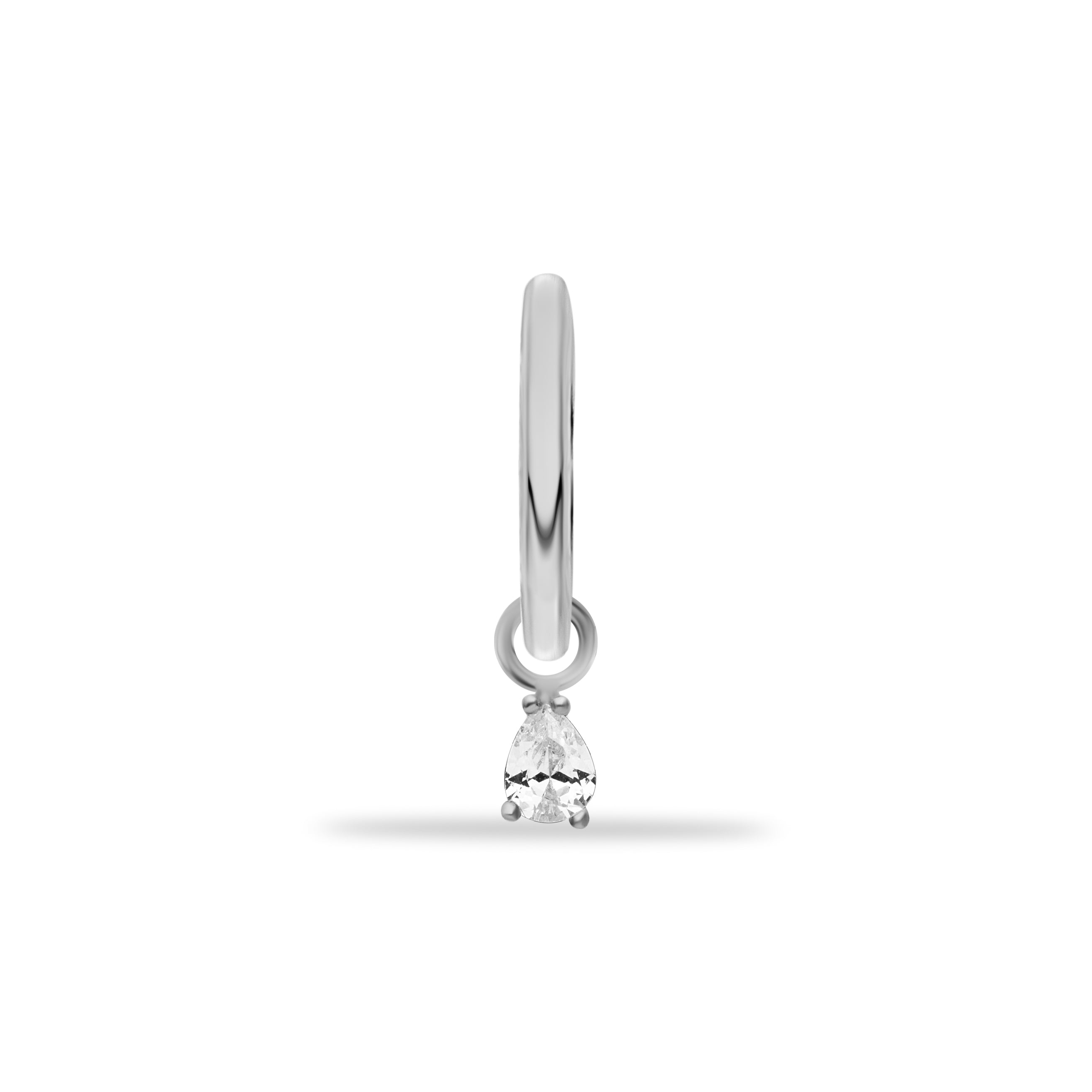 Hoop piercing earring with clear zircon delicate pendant - 14K Solid White Gold
