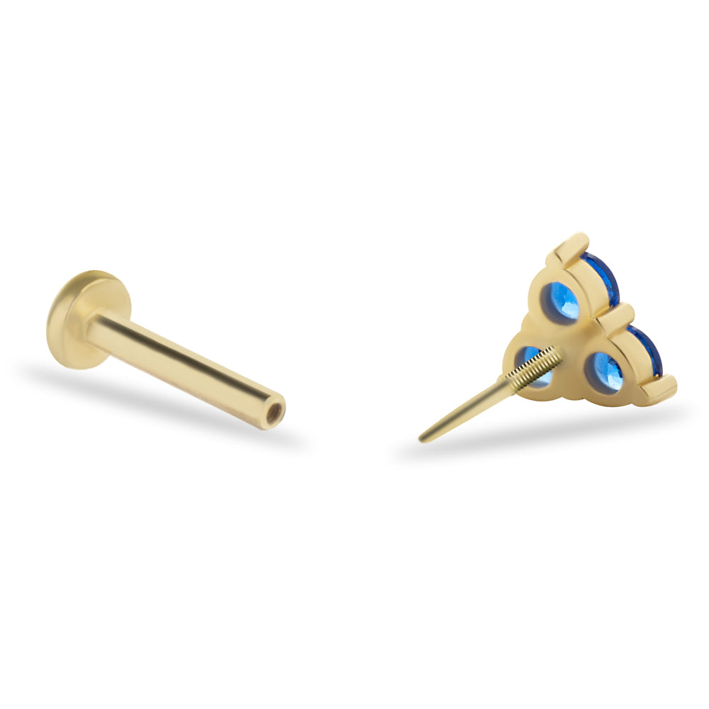Triangle stud piercing earring with blue zircons - 14K Solid Yellow Gold