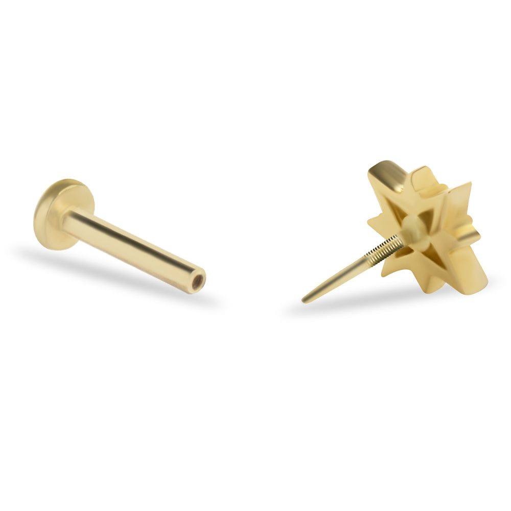 Star stud piercing earring with clear zitcon - 14K Solid Yellow Gold