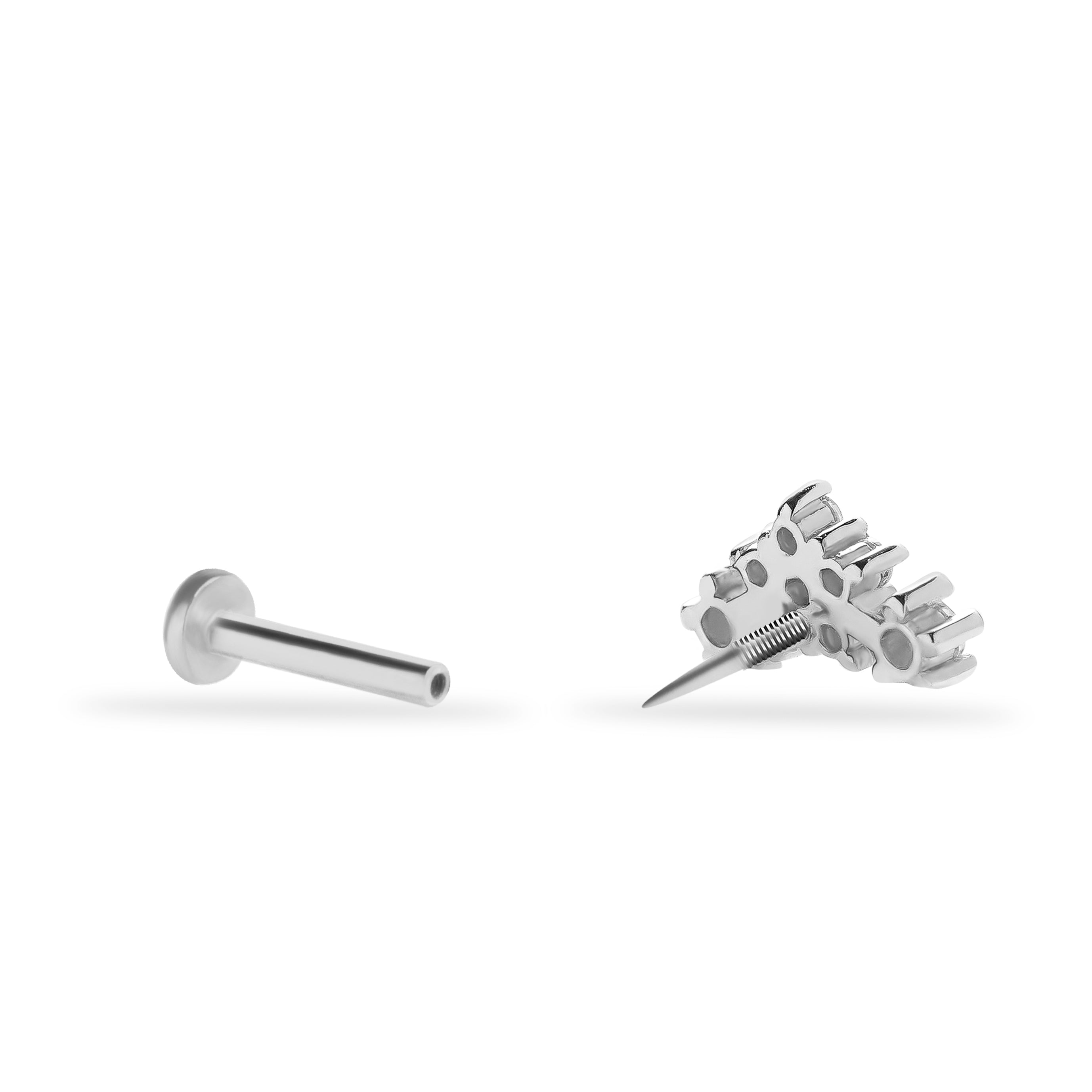 Flower stud piercing earring with clear zircons - 14K Solid White Gold