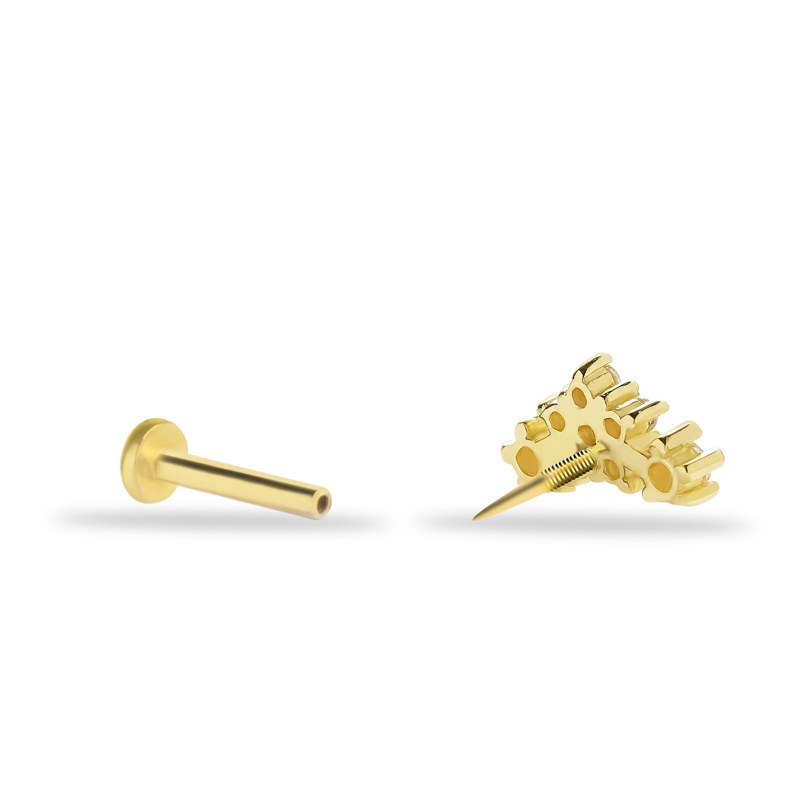 Flower stud piercing earring with clear zircons - 14K Solid Yellow Gold