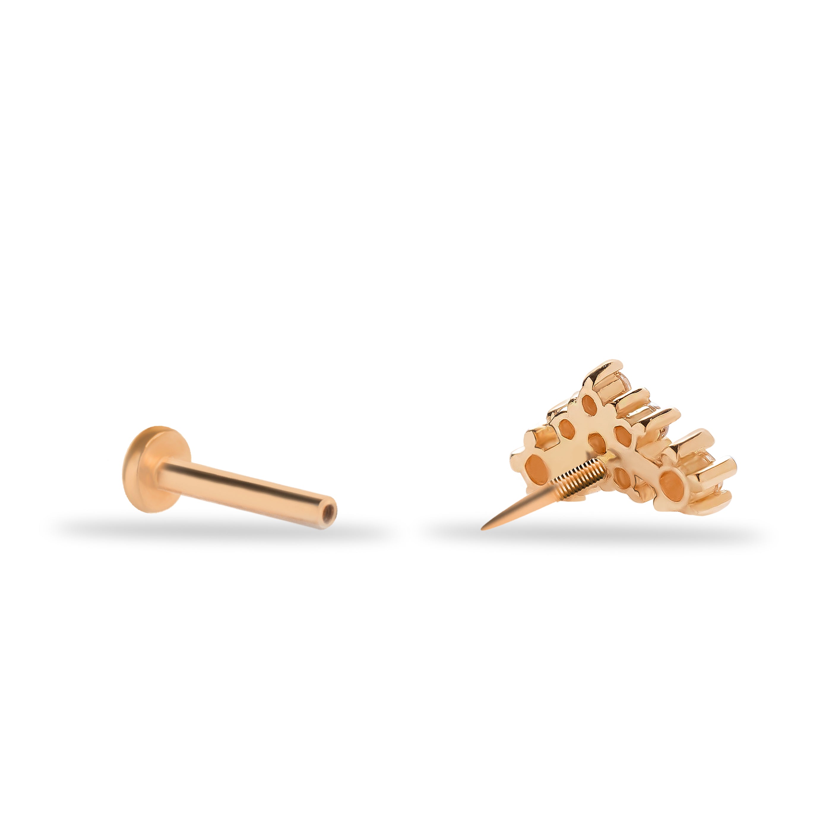 Flower stud piercing earring with clear zircons - 14K Solid Rose Gold