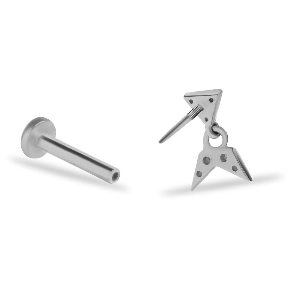 Stud piercing earring with hanging chain & clear zircon - 14K Solid White Gold