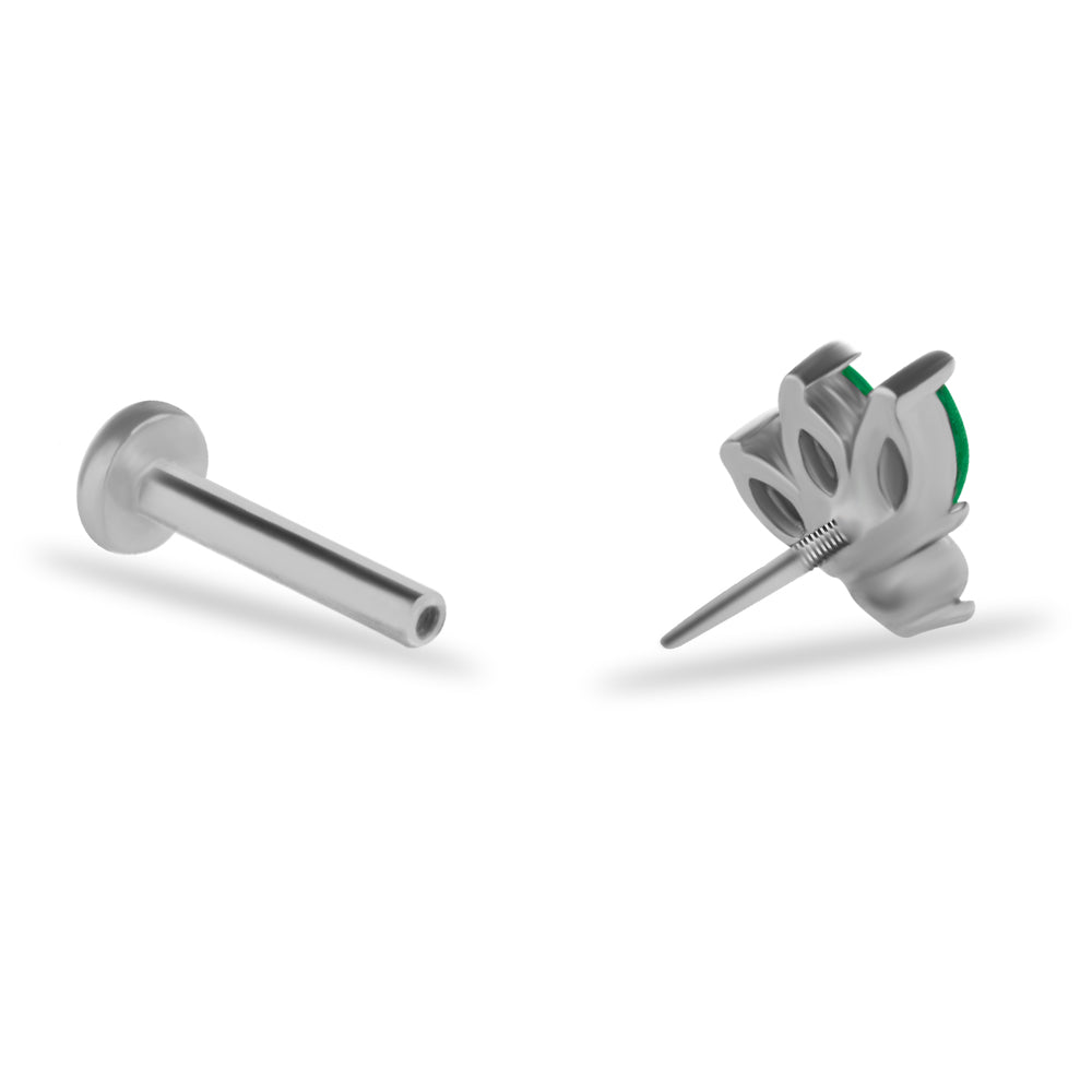 Lotus stud piercing earring with clear & green zircons - 14K Solid White Gold