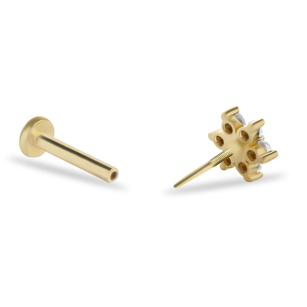 Flower stud piercing earring with clear zircons - 14K Solid Yellow Gold
