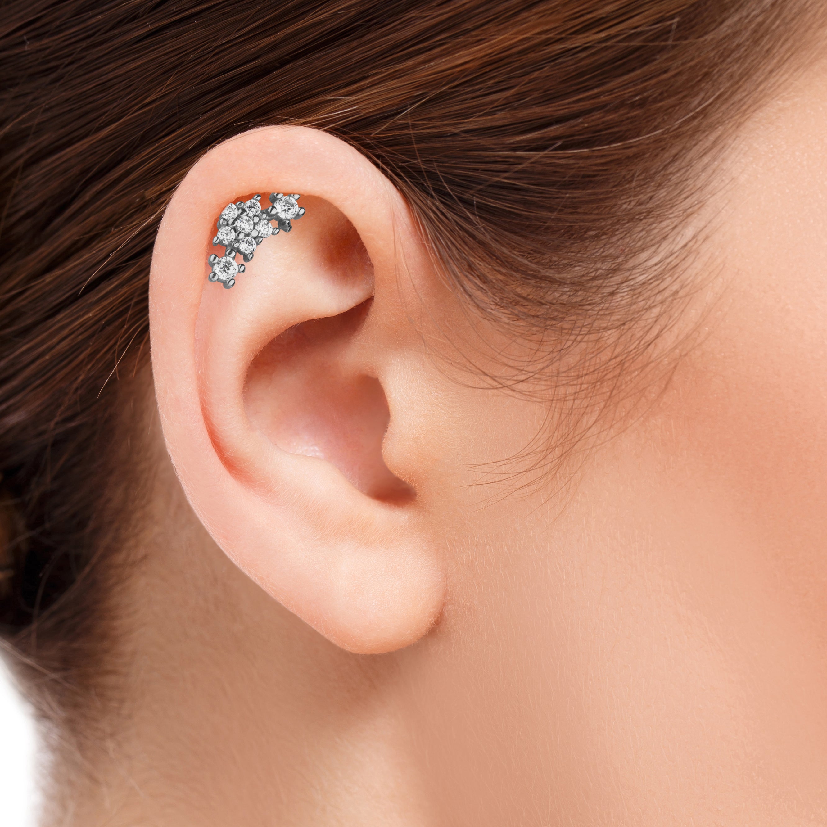 Flower stud piercing earring with clear zircons - 14K Solid White Gold