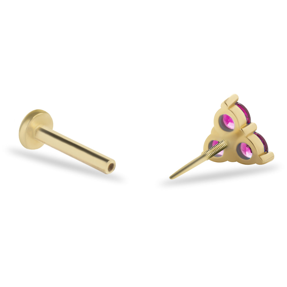 Triangle stud piercing earring in red zircons - 14K Solid Yellow Gold