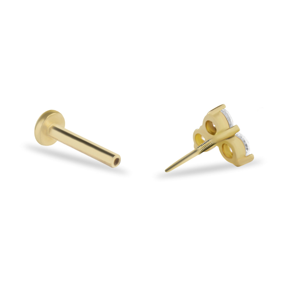 Stud piercing earring with clear zircons - 14K Solid Yellow Gold