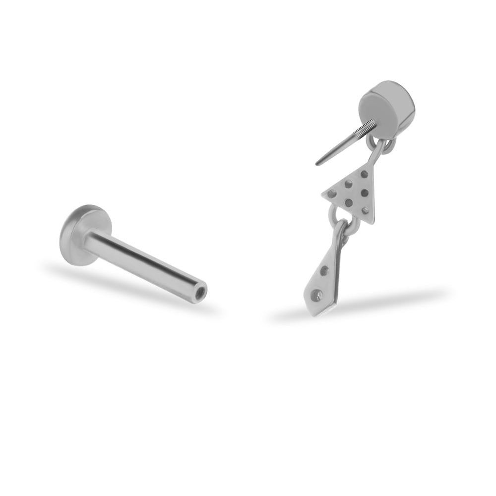 Stud piercing earring with clear zircon & hanging chain - 14K Solid White Gold