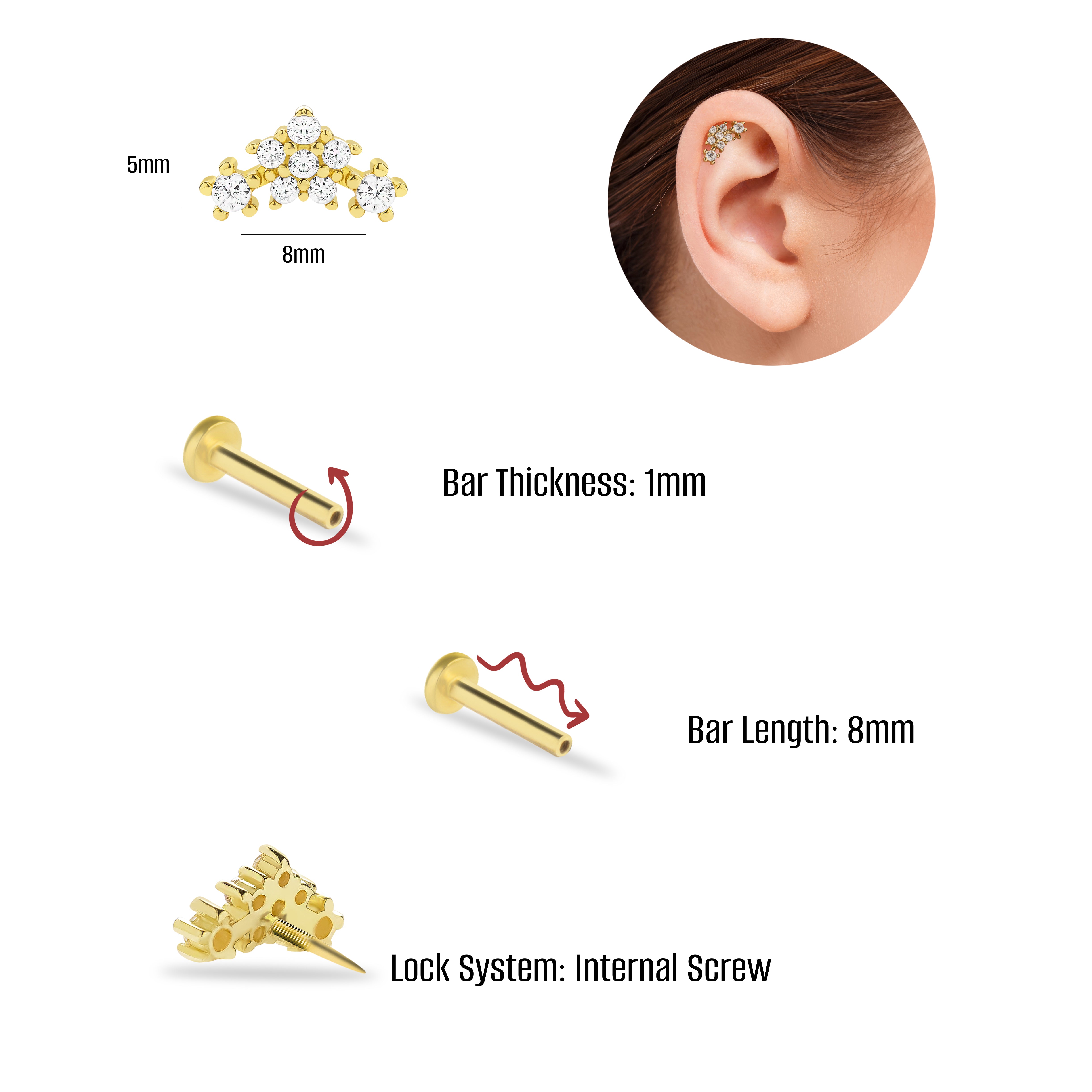 Flower stud piercing earring with clear zircons - 14K Solid Yellow Gold