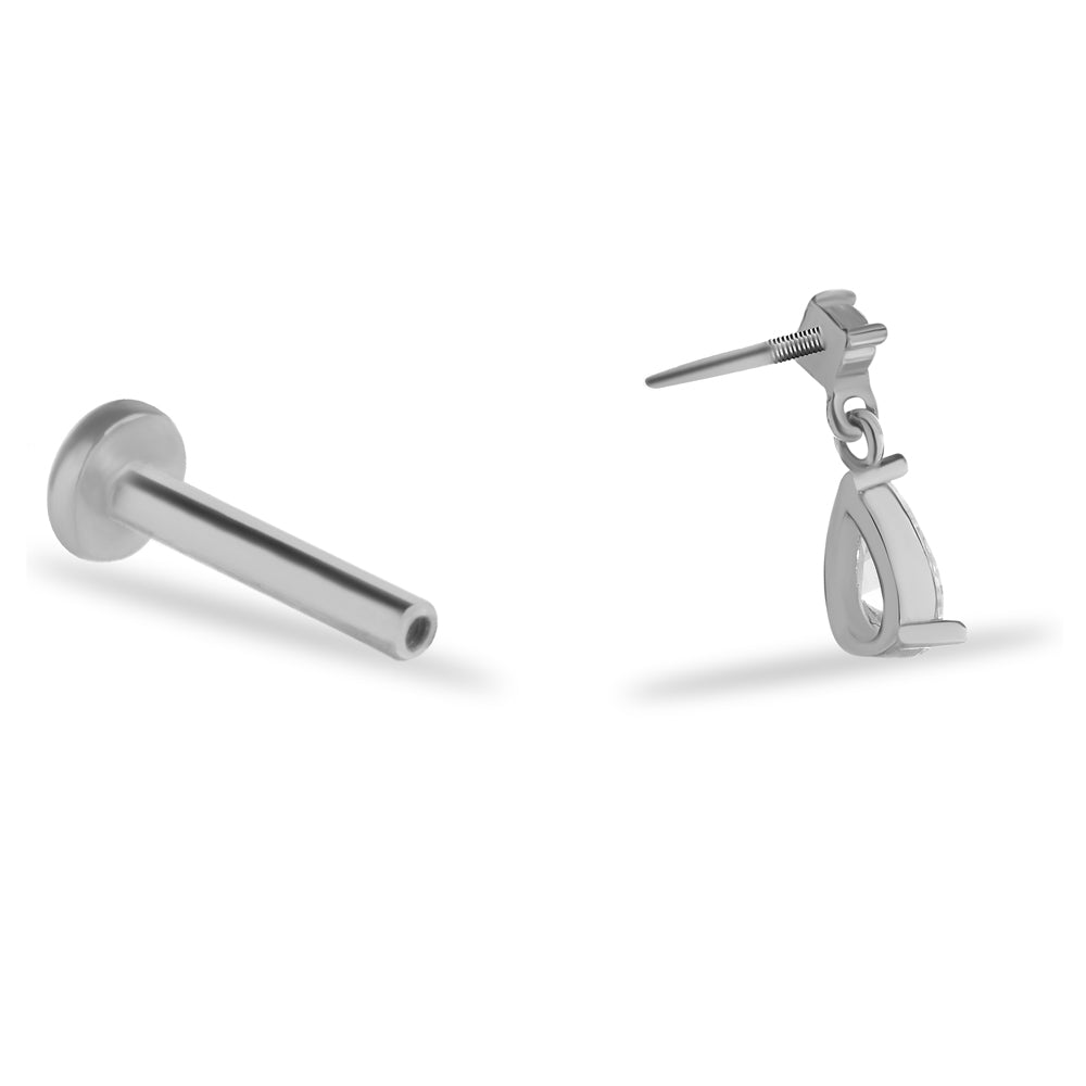 Stud piercing earring with hanging chain & clear zircons - 14K Solid White Gold