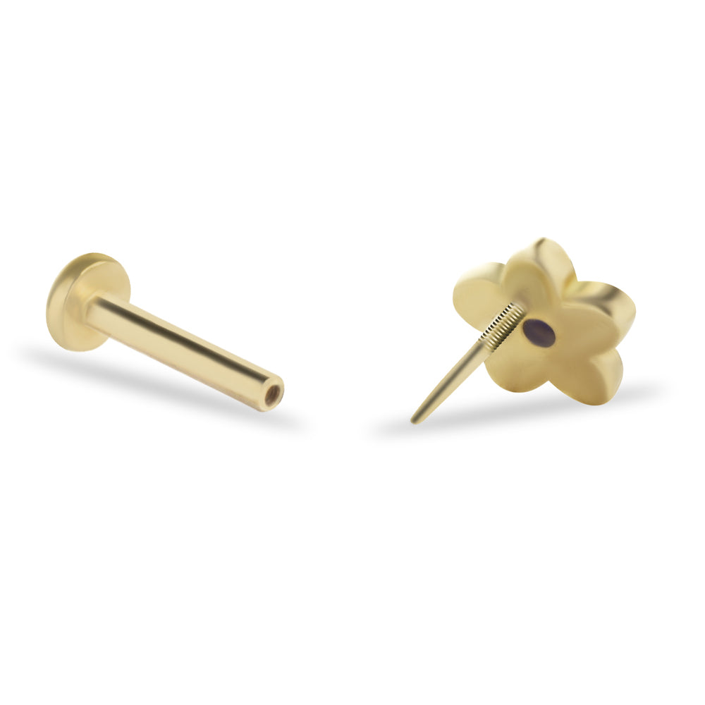 Flower stud piercing earring with blue zircon - 14K Solid Yellow Gold