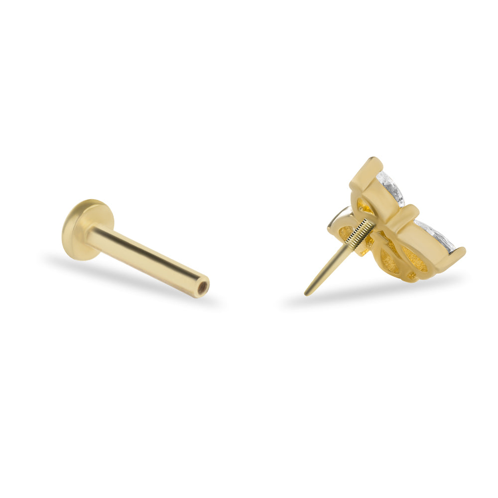 Lotus flower stud piercing earring with clear zircons - 14K Solid Yellow Gold